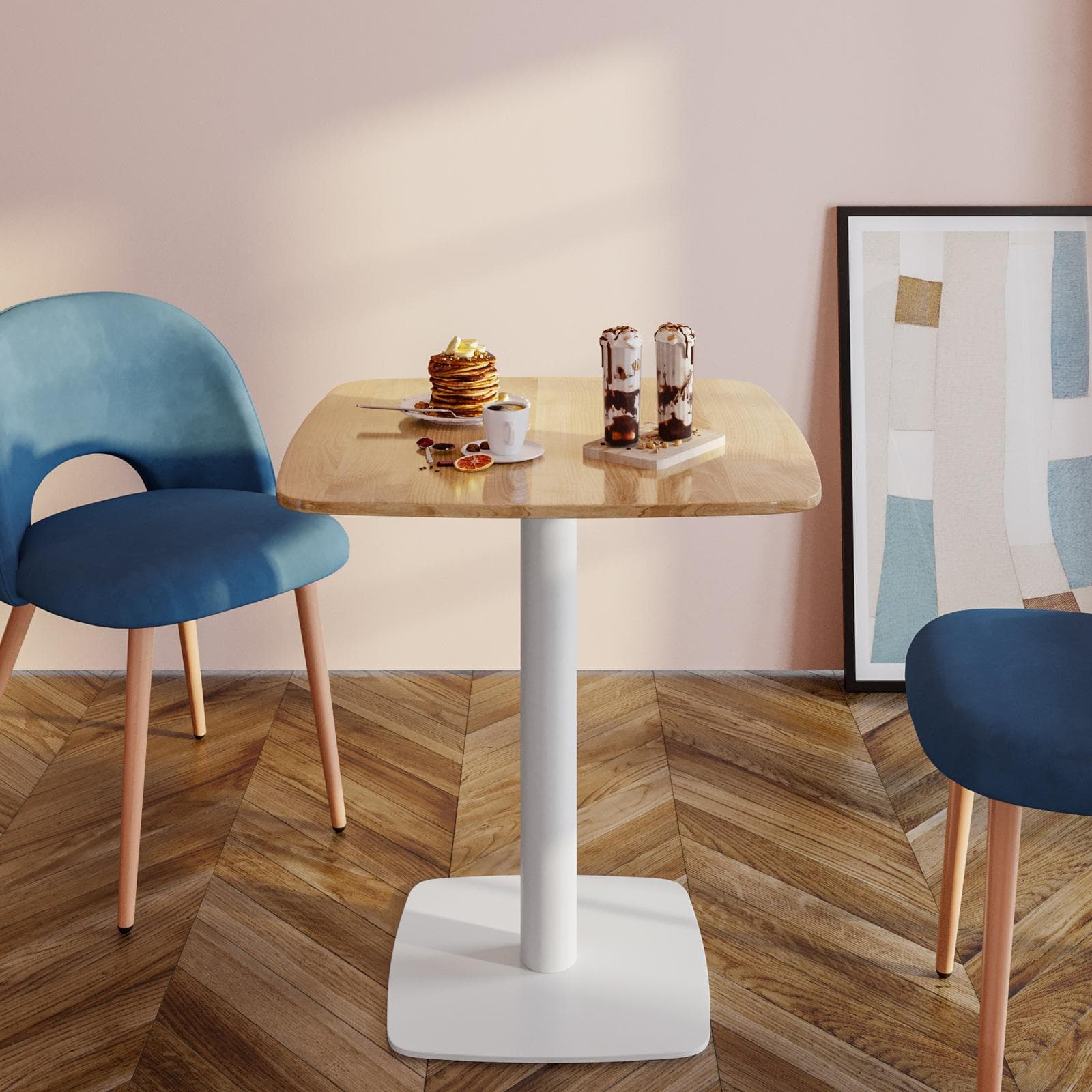 Tavolo da pranzo 70x70 cm top effetto rovere con bordi arrotondati e base in metallo bianco - Caio Round