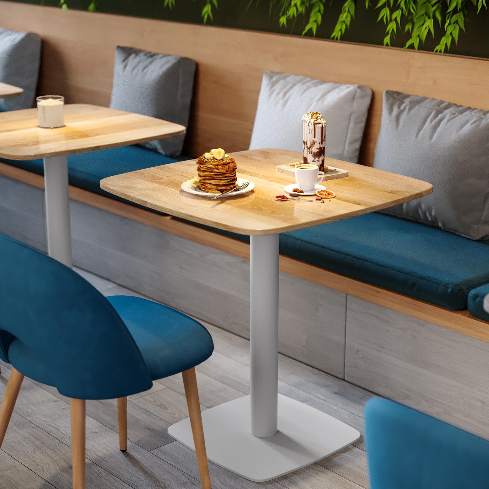 Tavolo da pranzo 70x70 cm top effetto rovere con bordi arrotondati e base in metallo bianco - Caio Round