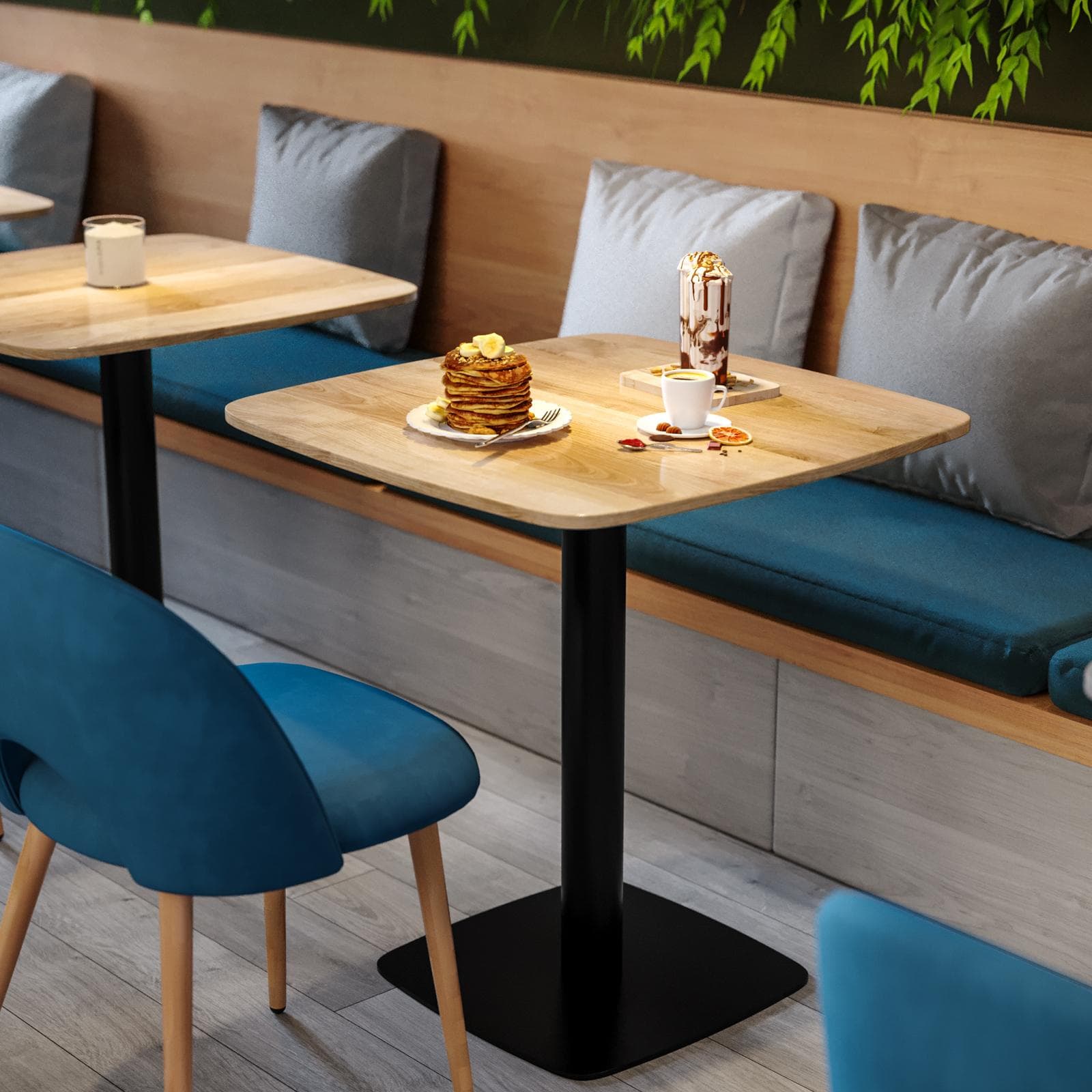 Tavolo da pranzo 70x70 cm top effetto rovere con bordi arrotondati e base in metallo nero - Caio Round