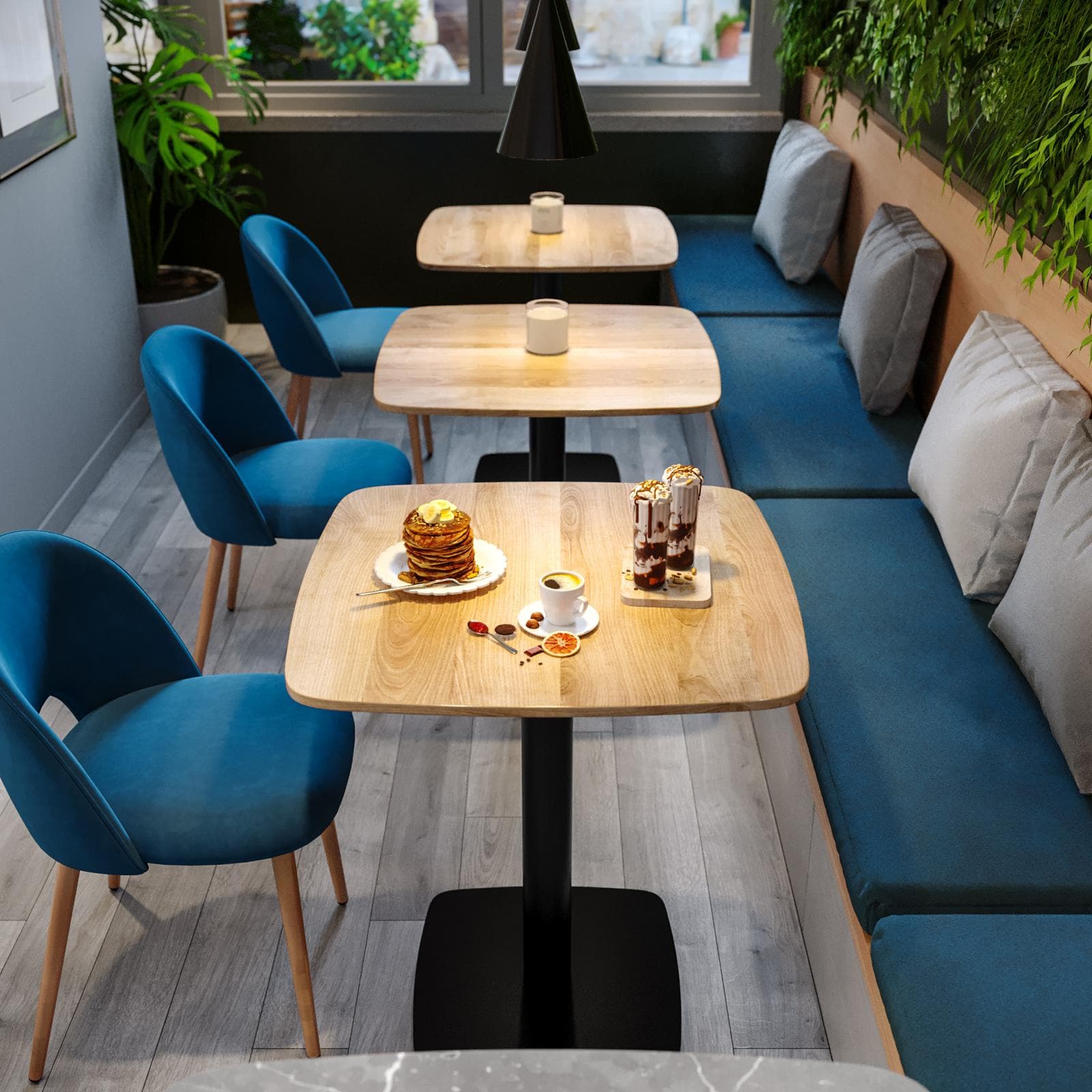 Tavolo da pranzo 70x70 cm top effetto rovere con bordi arrotondati e base in metallo nero - Caio Round