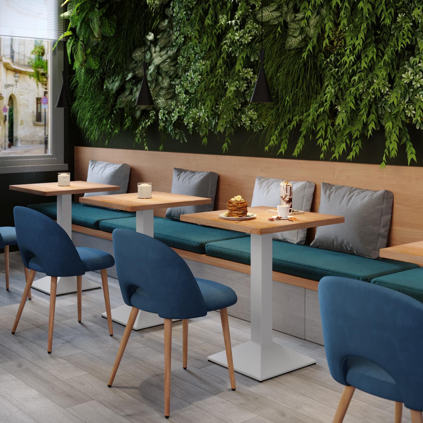 Tavolo da pranzo 80x80 cm con top effetto rovere e base in metallo bianco - Caio