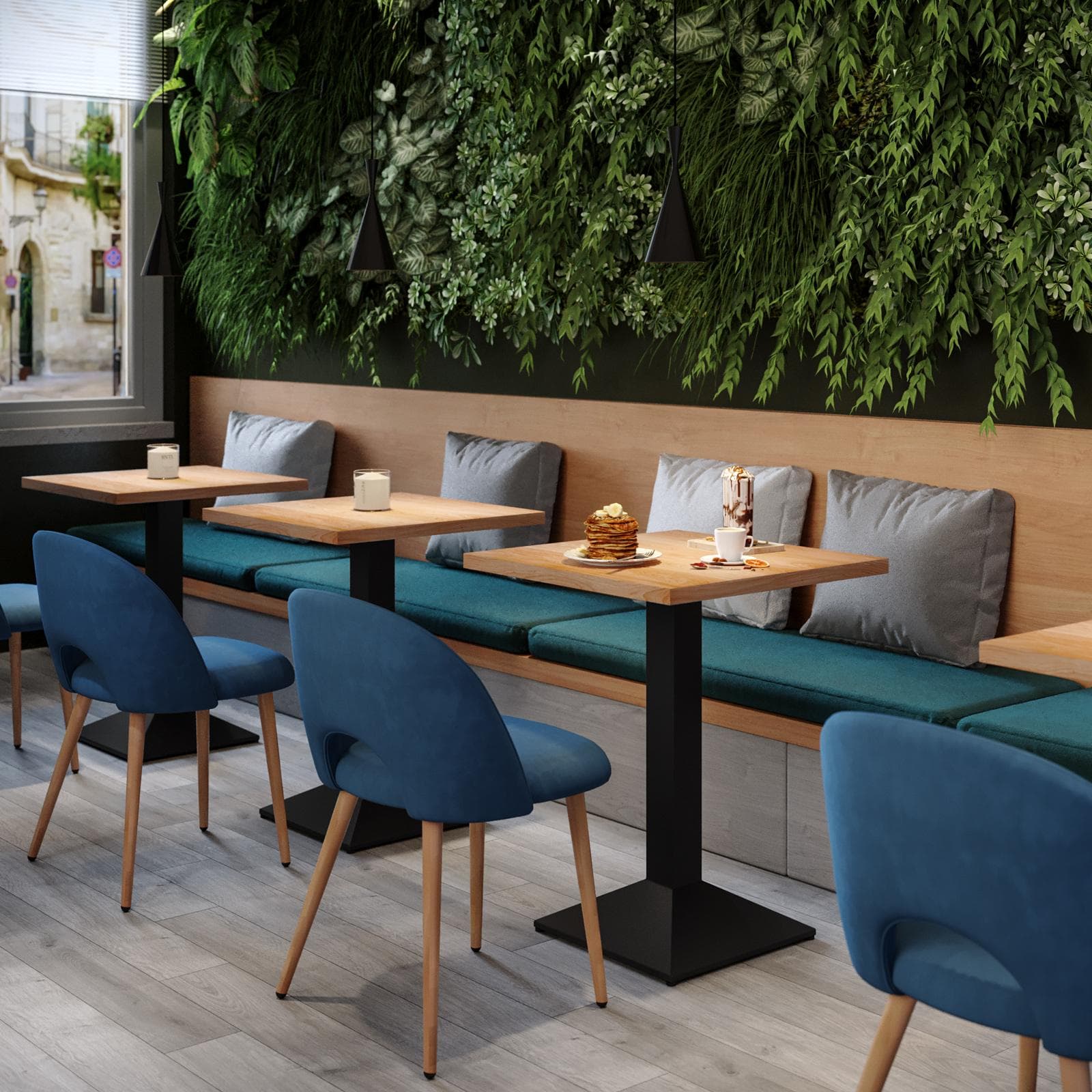 Tavolo da pranzo 80x80 cm con top effetto rovere e base in metallo nero - Caio