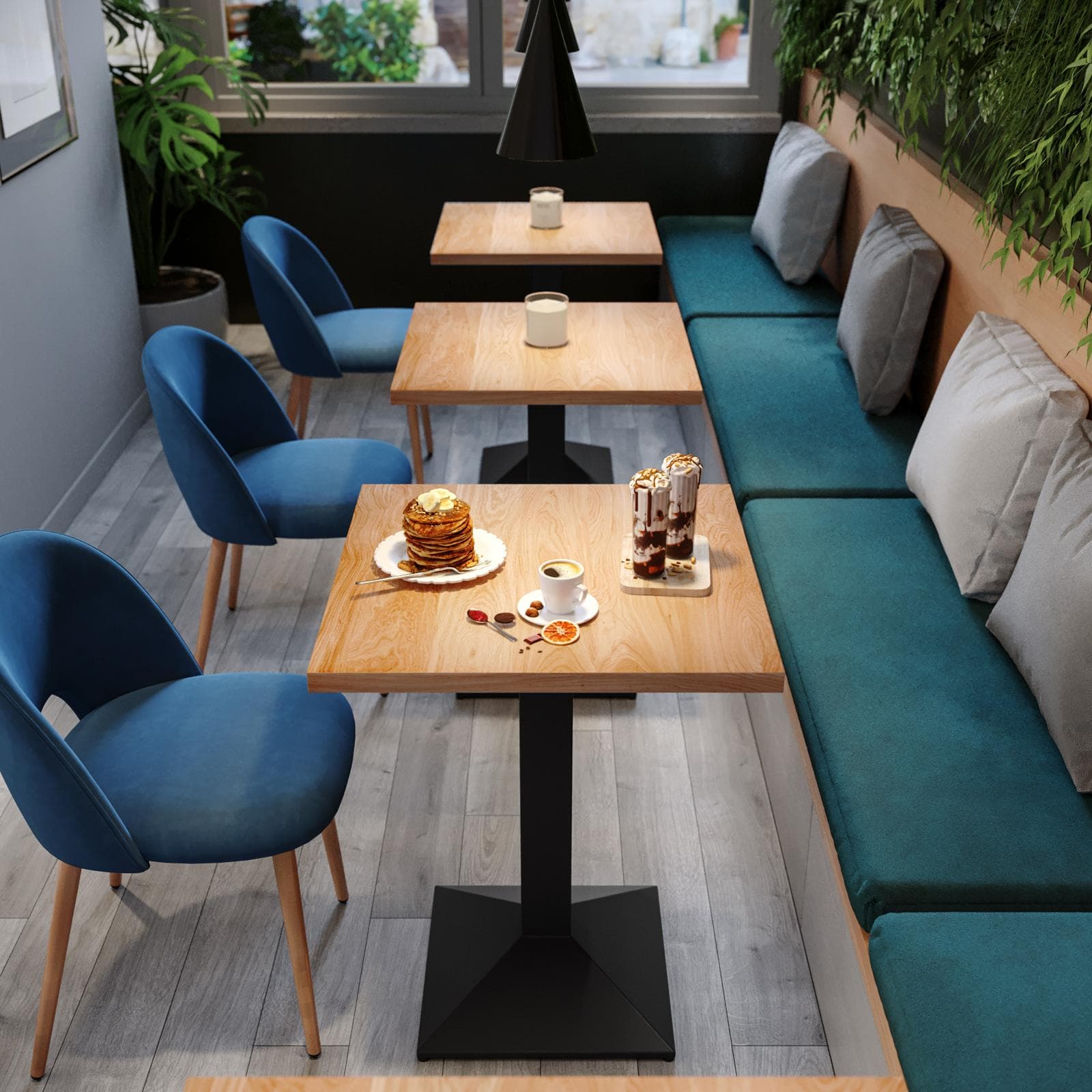 Tavolo da pranzo 80x80 cm con top effetto rovere e base in metallo nero - Caio