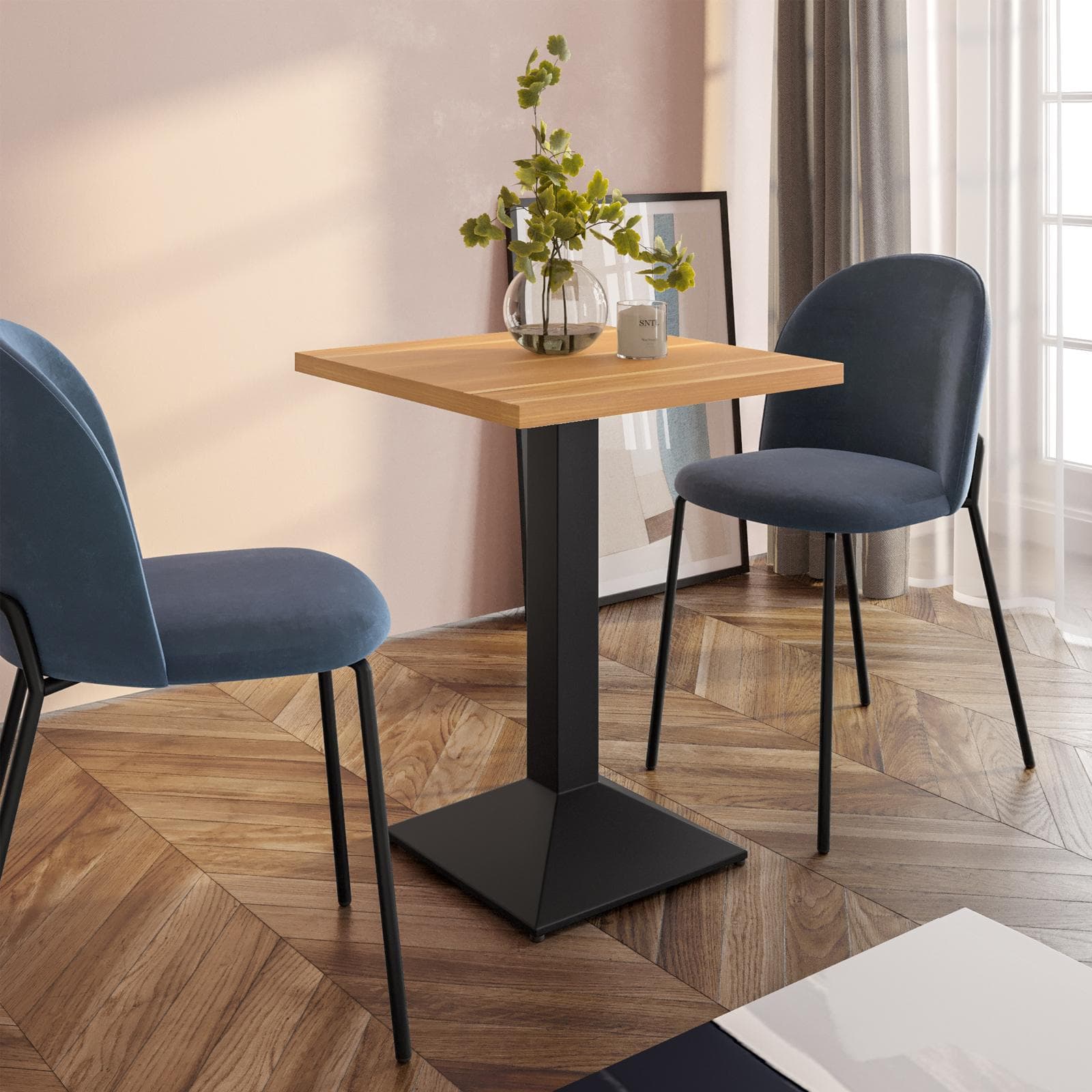 Tavolo da pranzo 80x80 cm con top effetto rovere e base in metallo nero - Caio