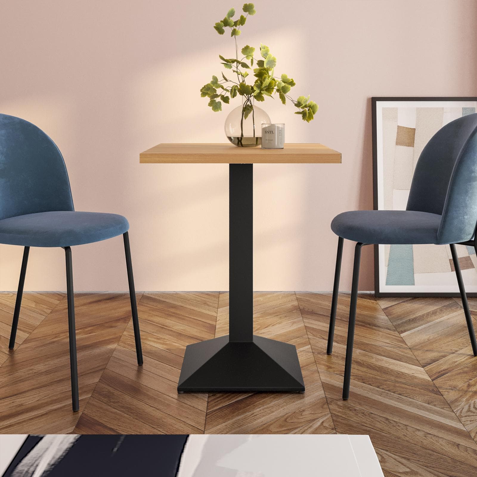 Tavolo da pranzo 80x80 cm con top effetto rovere e base in metallo nero - Caio