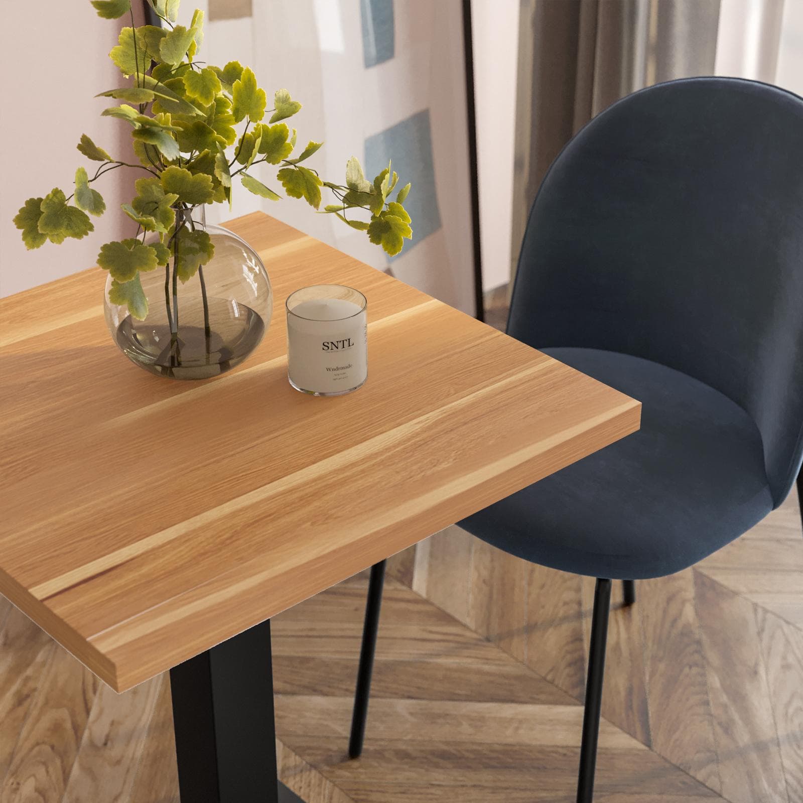 Tavolo da pranzo 80x80 cm con top effetto rovere e base in metallo nero - Caio