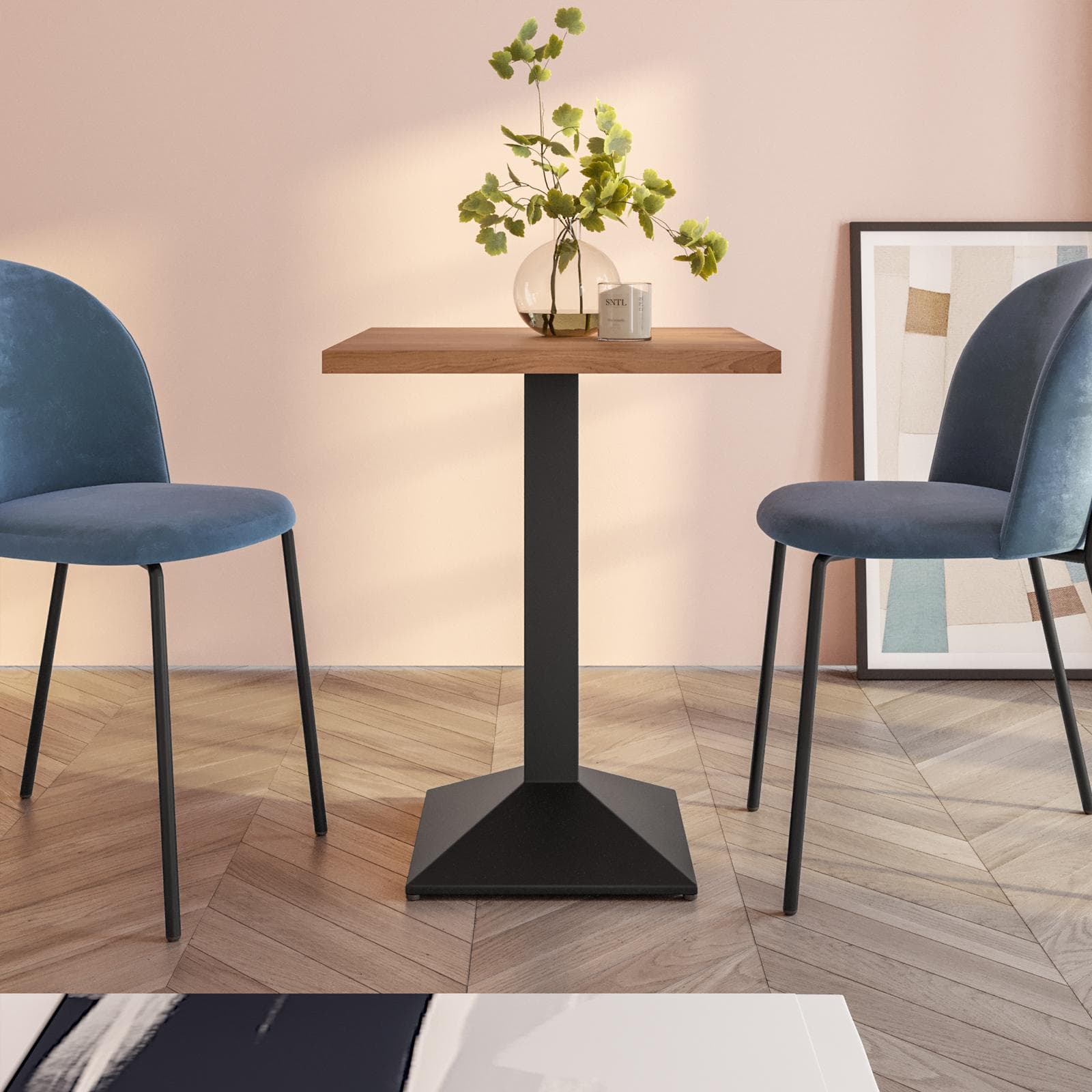 Tavolo da pranzo 80x80 cm con top effetto rovere scuro e base in metallo nero - Caio