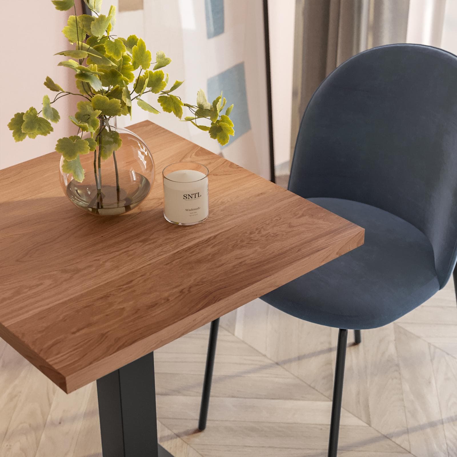 Tavolo da pranzo 80x80 cm con top effetto rovere scuro e base in metallo nero - Caio