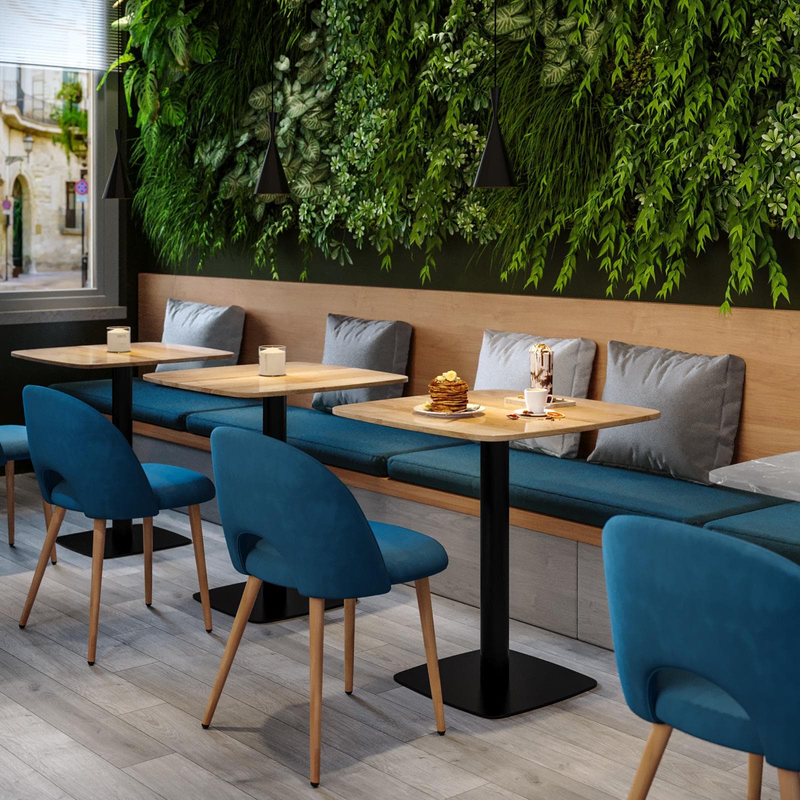 Tavolo da pranzo 80x80 cm top effetto rovere con bordi arrotondati e base in metallo nero - Caio Round