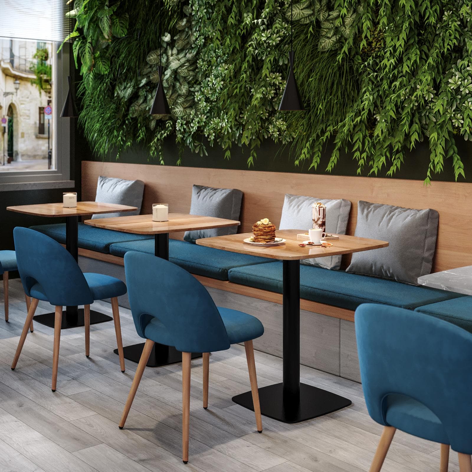 Tavolo da pranzo 80x80 cm top effetto rovere scuro con bordi arrotondati e base in metallo nero - Caio Round