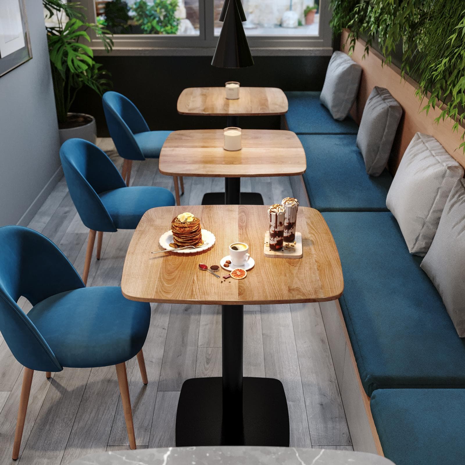 Tavolo da pranzo 80x80 cm top effetto rovere scuro con bordi arrotondati e base in metallo nero - Caio Round