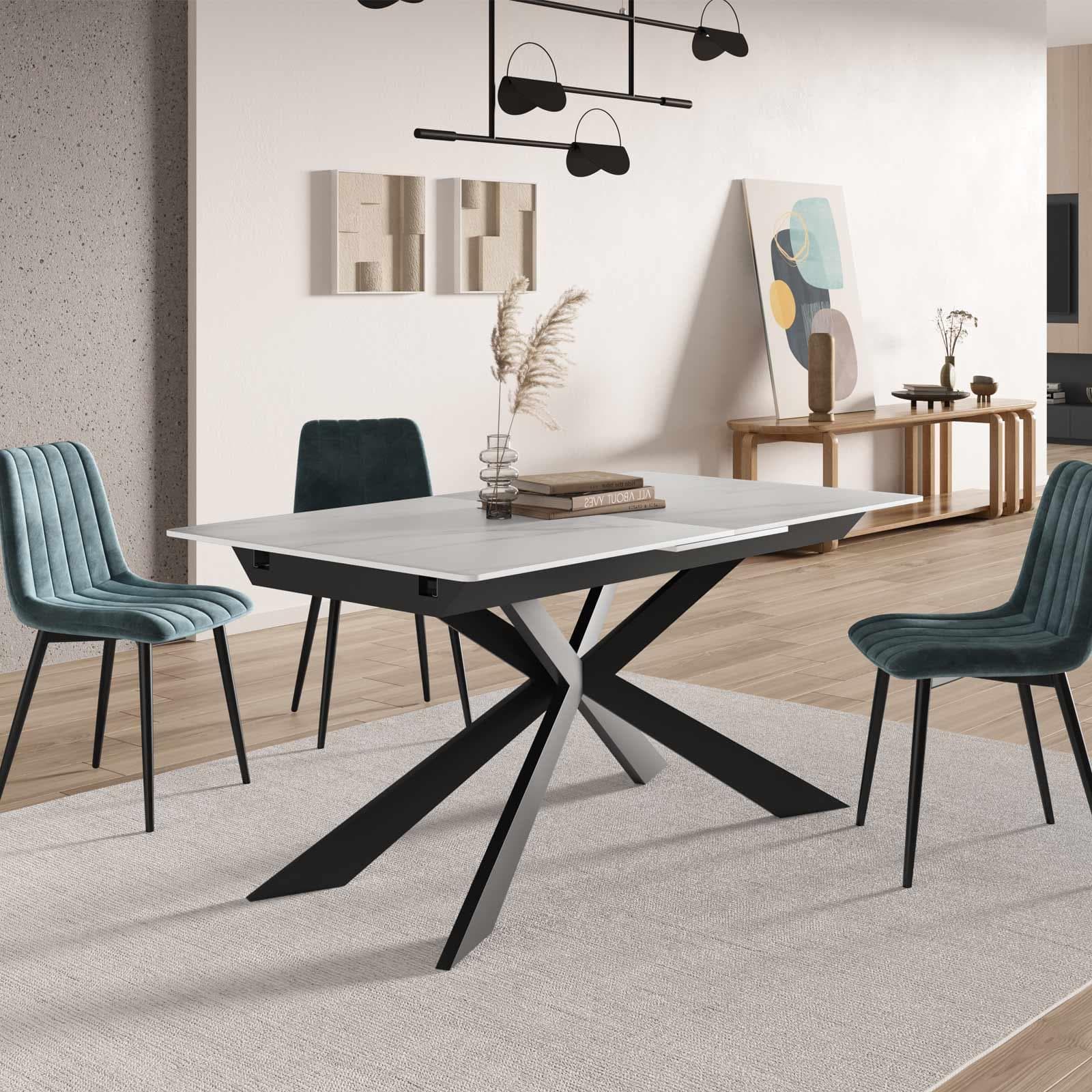 Tavolo allungabile 160-200x90 cm top in ceramica bianco effetto marmo con gambe in metallo nero - Augusto