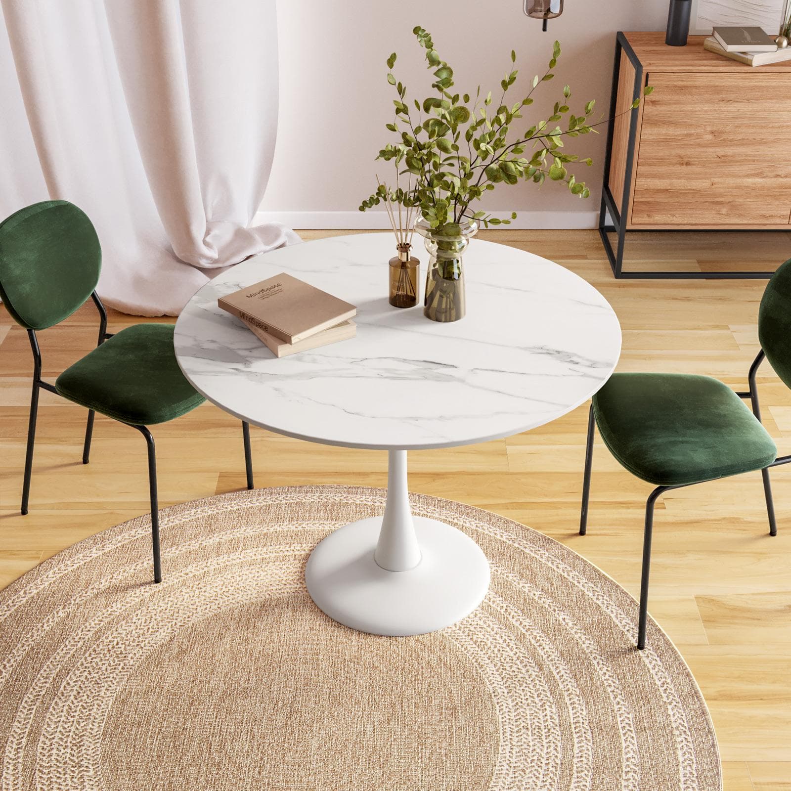 Tavolo rotondo 100 cm con top in ceramica effetto marmo e struttura in metallo bianco - Tulipano
