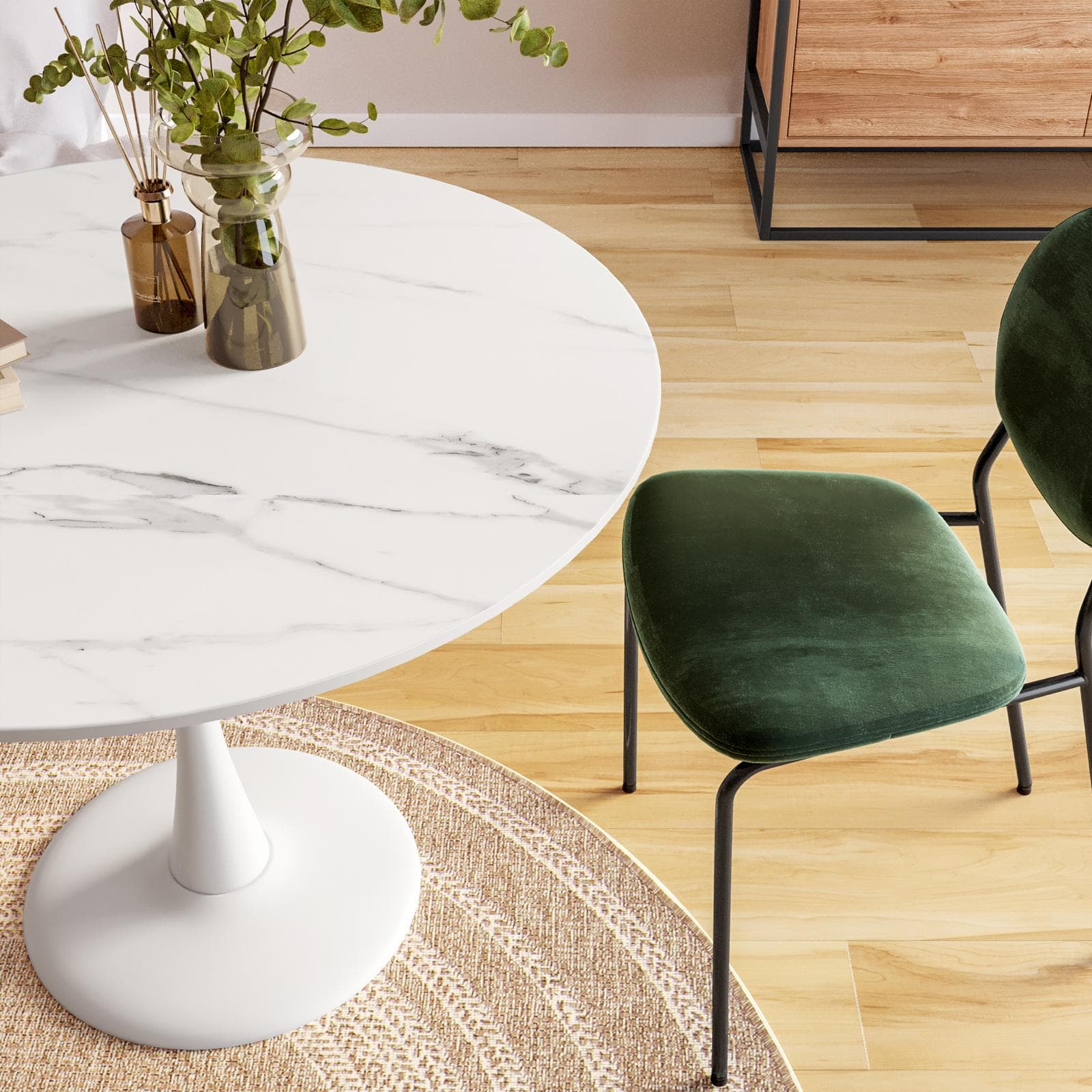 Tavolo rotondo 100 cm con top in ceramica effetto marmo e struttura in metallo bianco - Tulipano