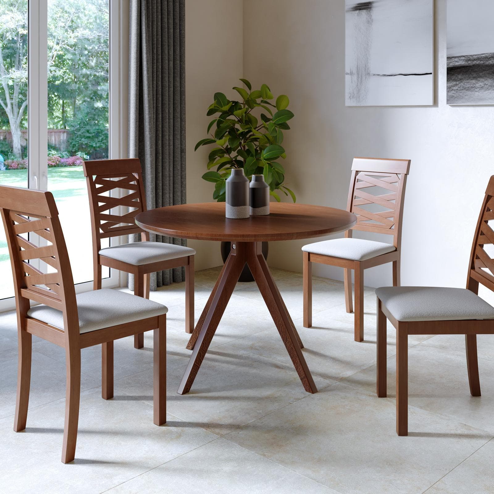 Tavolo rotondo 106 cm legno noce con gambe a trespolo - Crotol