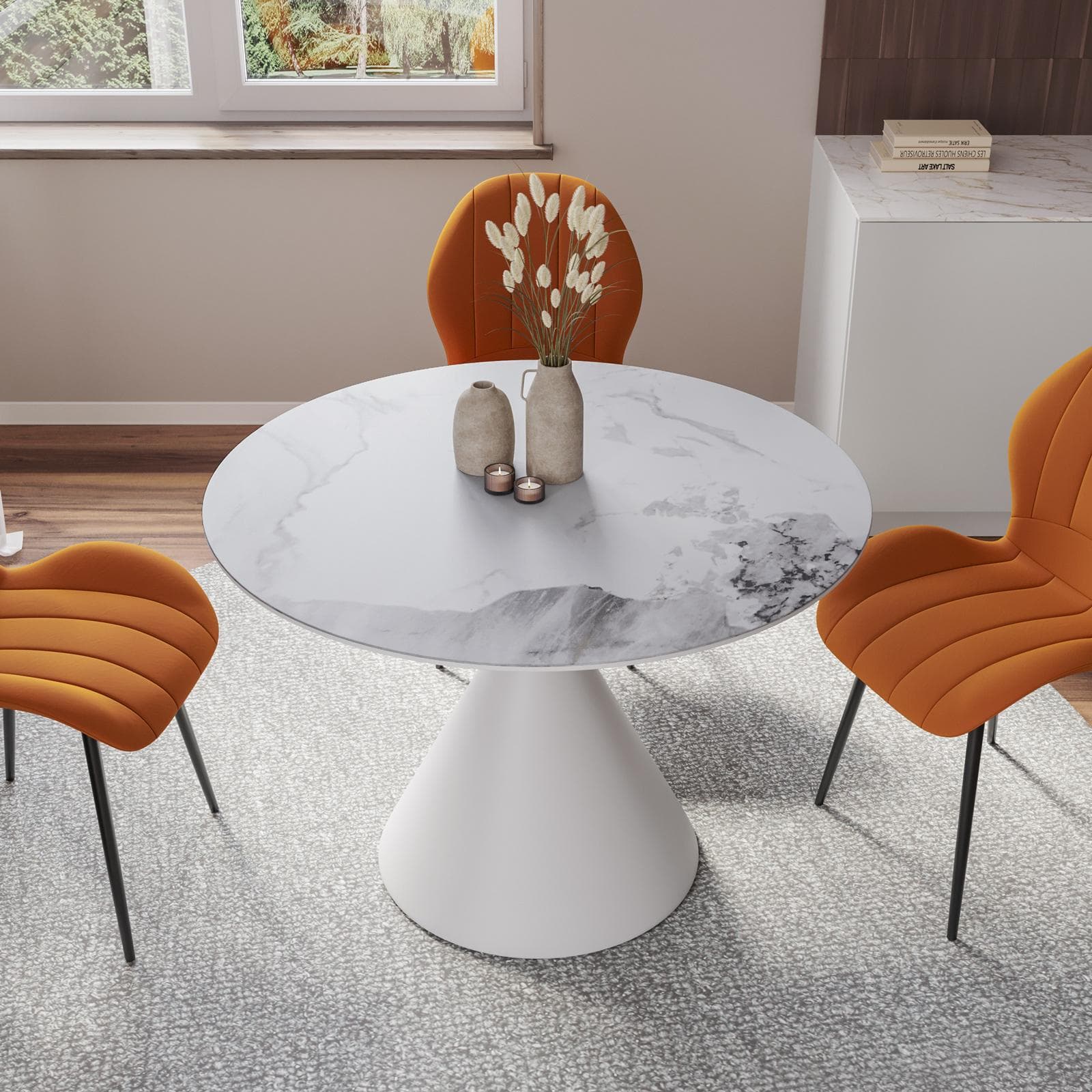 Tavolo rotondo 110 cm con top in pietra sinterizzata effetto marmo bianco - Twirl