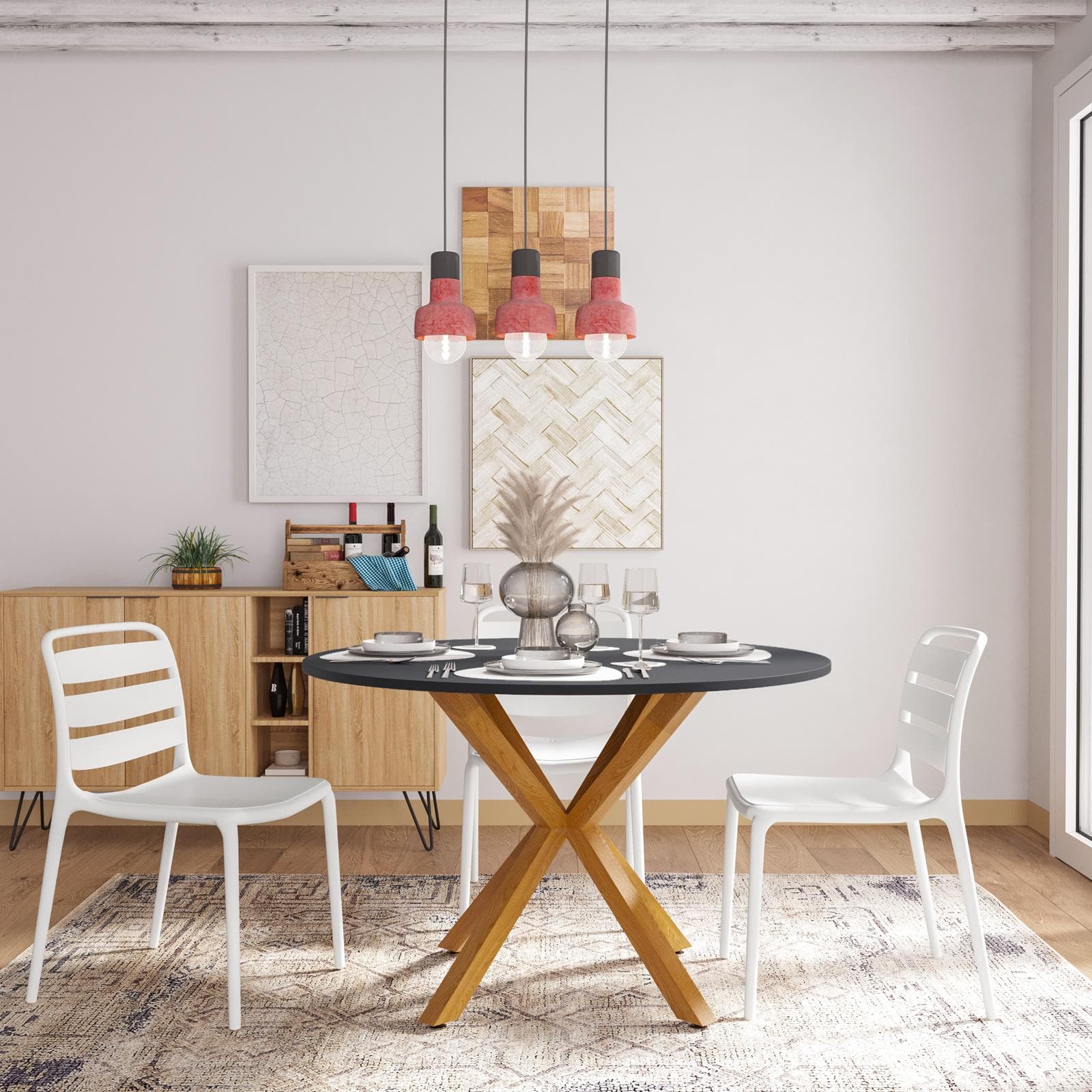 Tavolo rotondo 120 cm con top antracite e gambe incrociate rovere chiaro - Focal