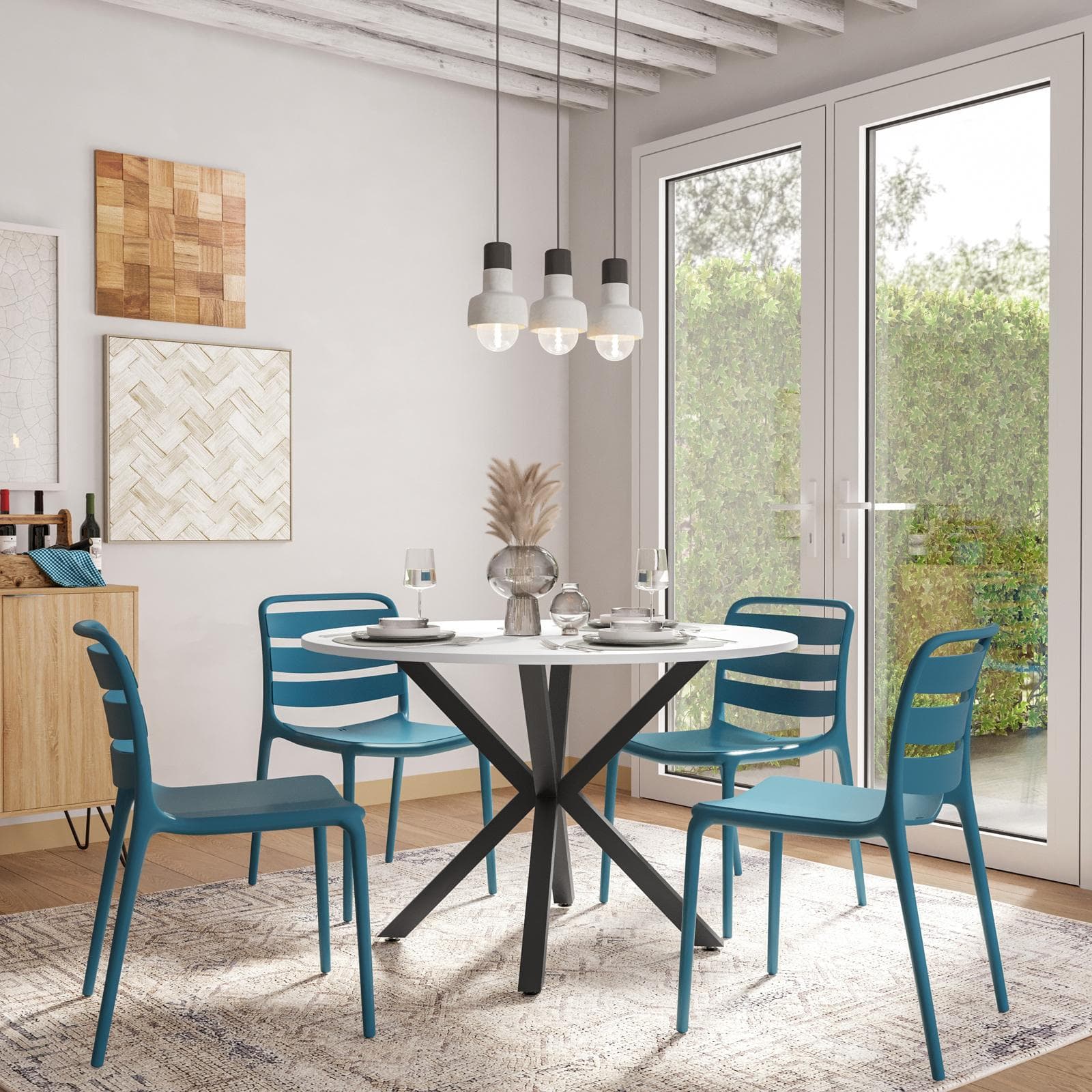Tavolo rotondo 120 cm con top bianco e gambe incrociate nero - Focal