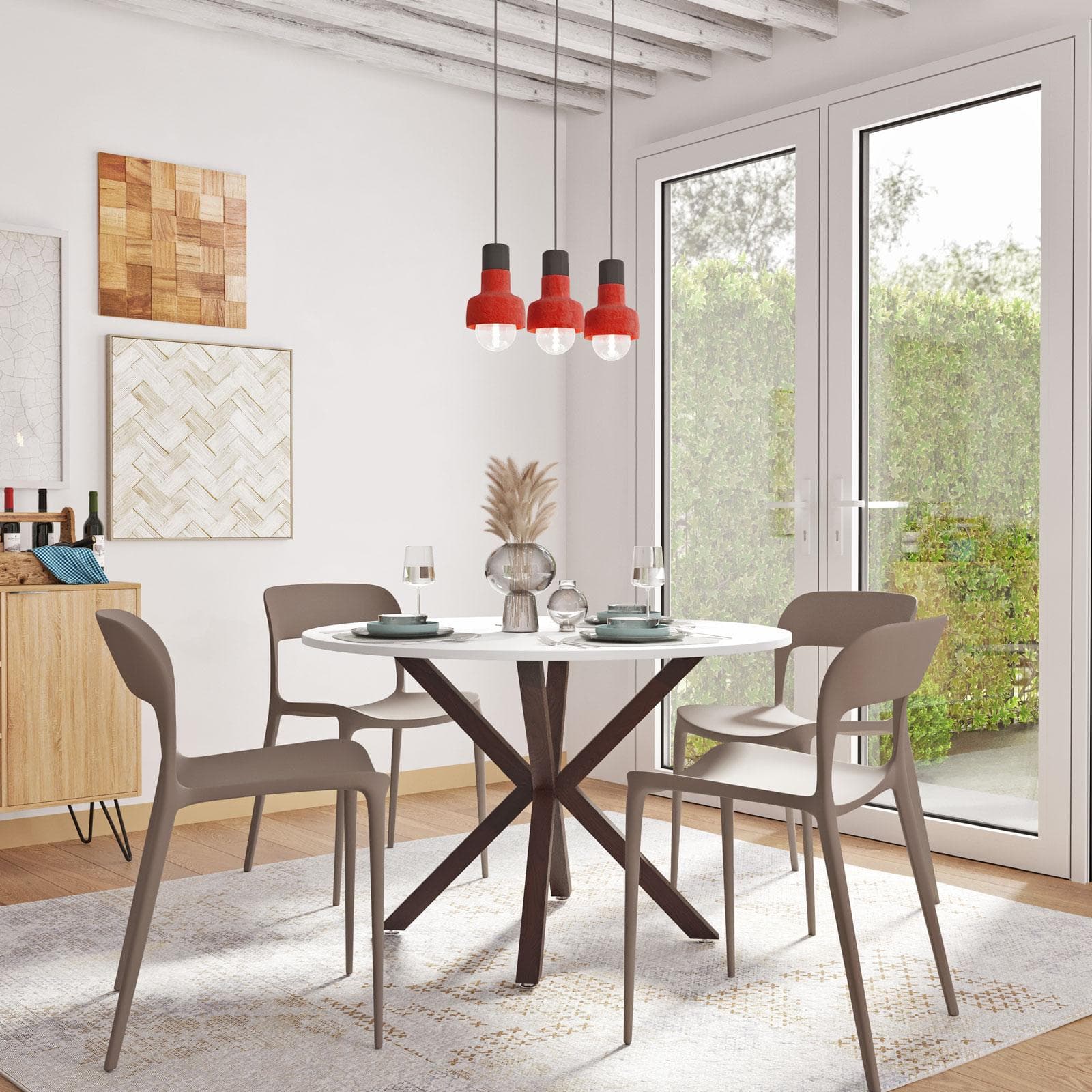 Tavolo rotondo 120 cm con top bianco e gambe incrociate rovere scuro - Focal
