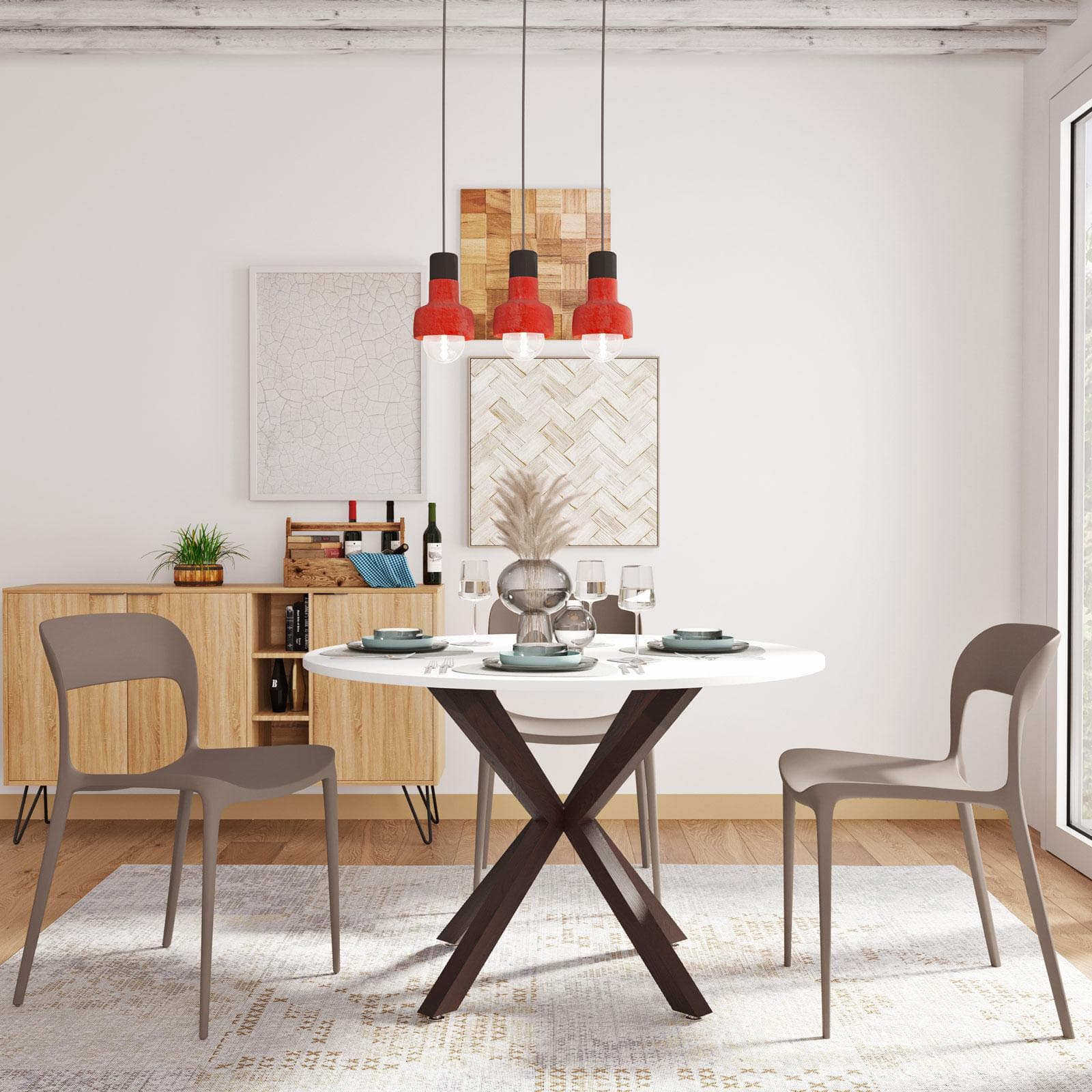 Tavolo rotondo 120 cm con top bianco e gambe incrociate rovere scuro - Focal