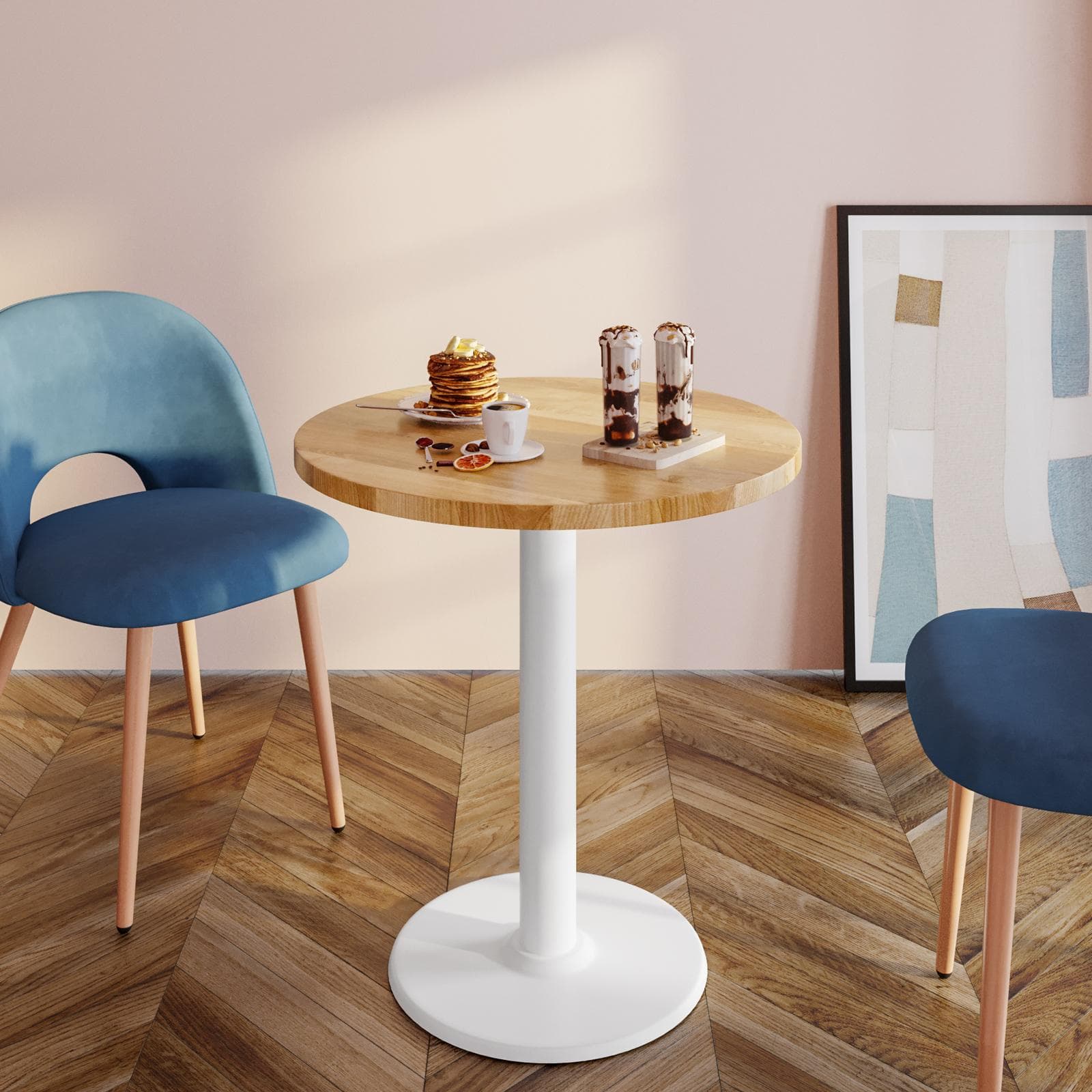Tavolo rotondo 60 cm con top da 30 mm effetto rovere e base in metallo bianco - Caio