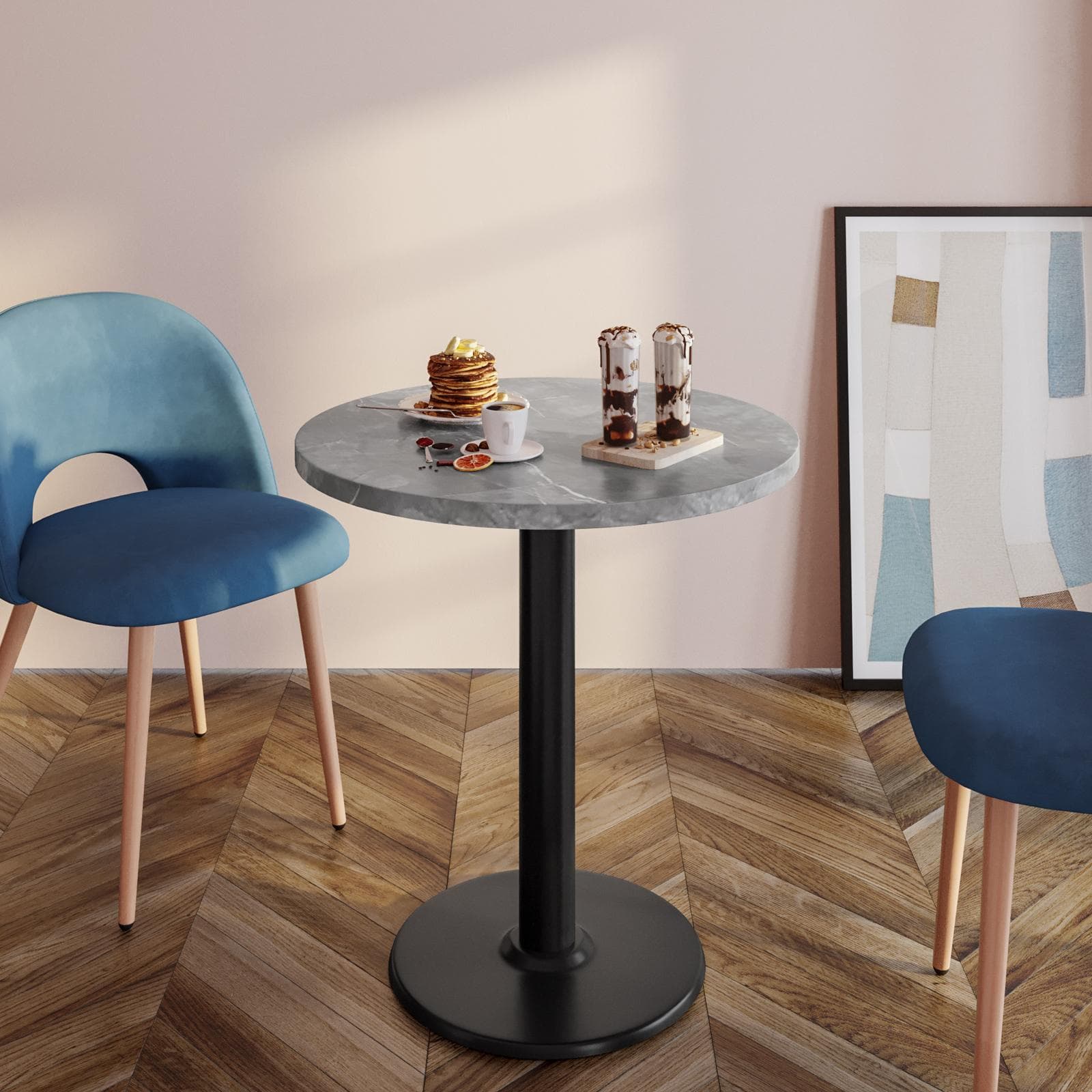 Tavolo rotondo 70 cm con top da 30 mm effetto marmo grigio e base in metallo nero - Caio