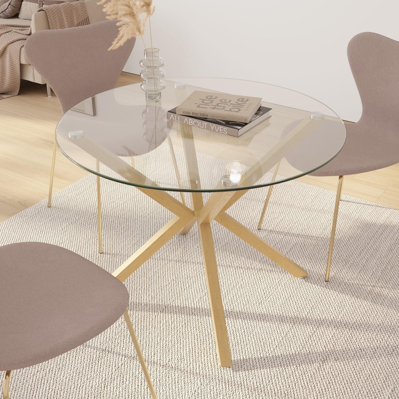 Tavolo rotondo 90 cm piano in vetro temperato con gambe rovere - Focal