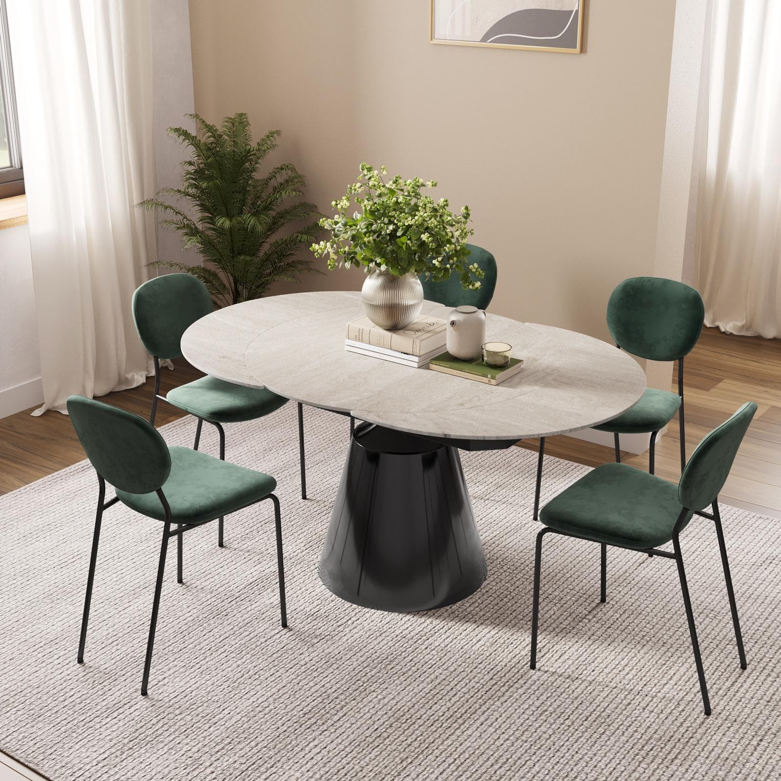 Tavolo rotondo allungabile 100-156x90 cm con meccanismo girevole top in ceramica effetto travertino e base nera - Mochi