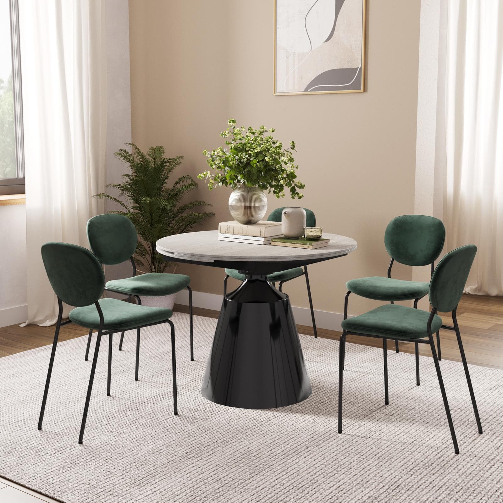 Tavolo rotondo allungabile 100-156x90 cm con meccanismo girevole top in ceramica effetto travertino e base nera - Mochi