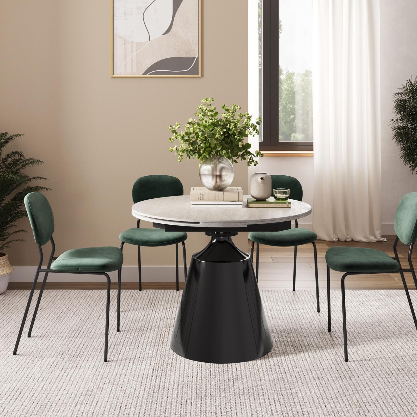 Tavolo rotondo allungabile 100-156x90 cm con meccanismo girevole top in ceramica effetto travertino e base nera - Mochi
