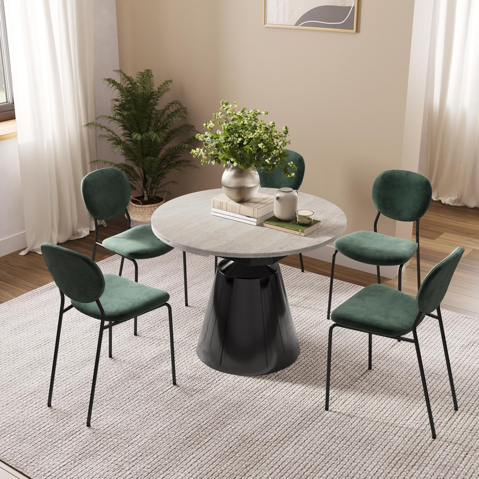 Tavolo rotondo allungabile 100-156x90 cm con meccanismo girevole top in ceramica effetto travertino e base nera - Mochi