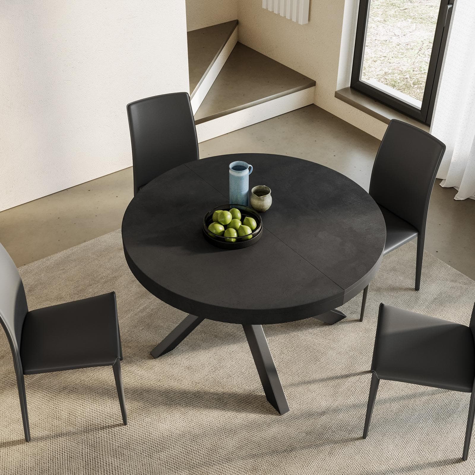 Tavolo rotondo allungabile 120-160x120 cm top nero cemento con gambe in metallo nero - Barker