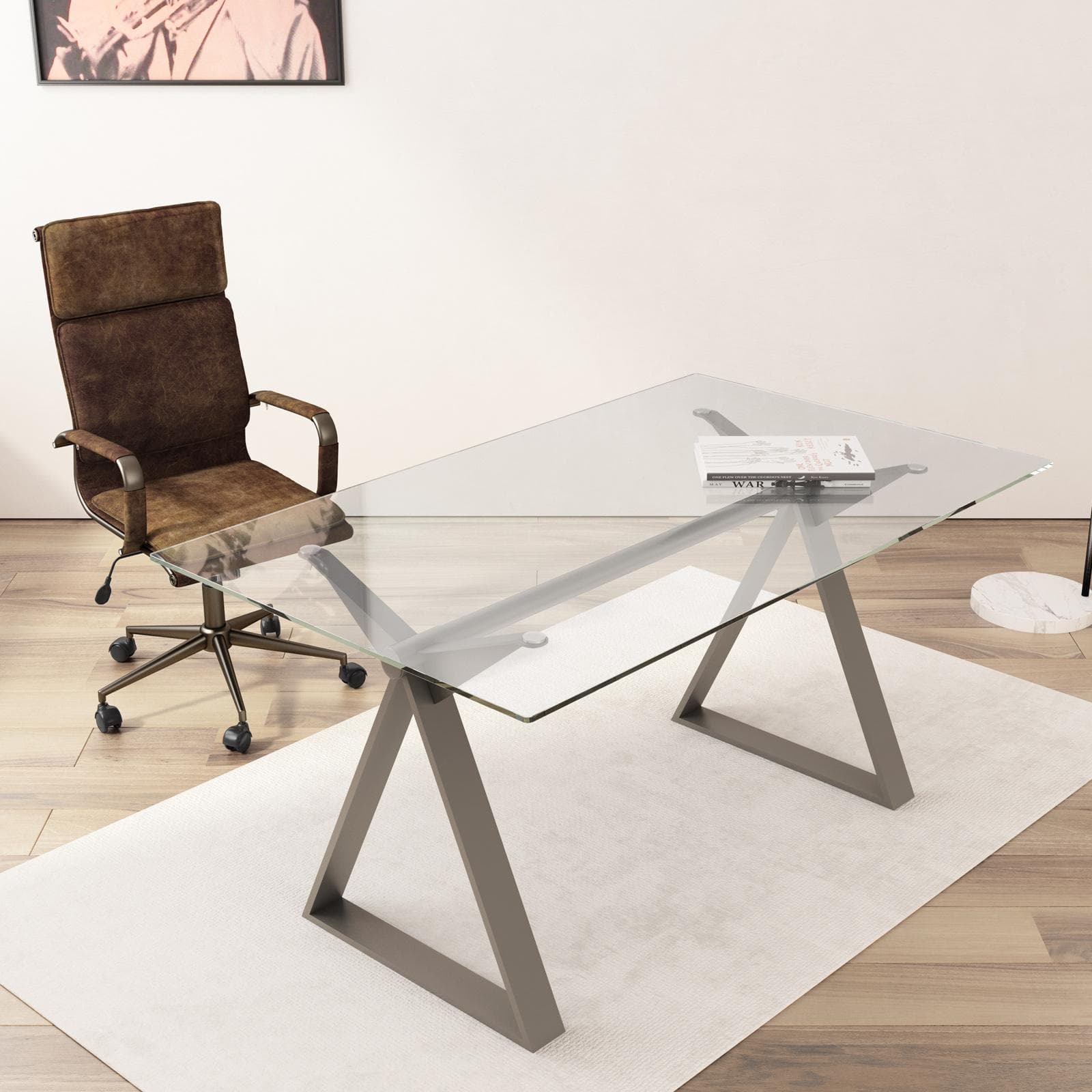 Scrivania 150x90 cm piano vetro temperato 10 mm e base in acciaio tortora - Masao