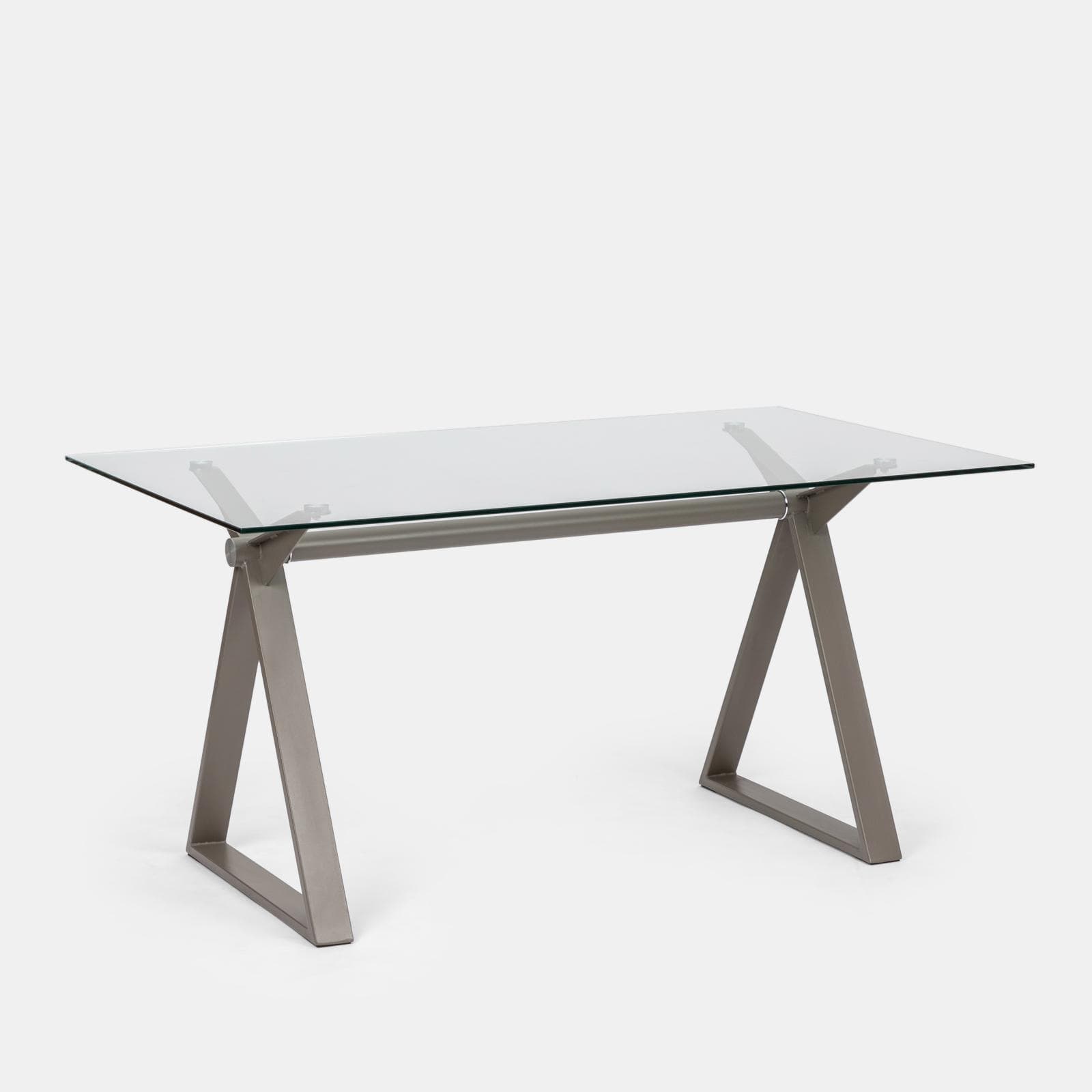 Scrivania 150x90 cm piano vetro temperato 10 mm e base in acciaio tortora - Masao
