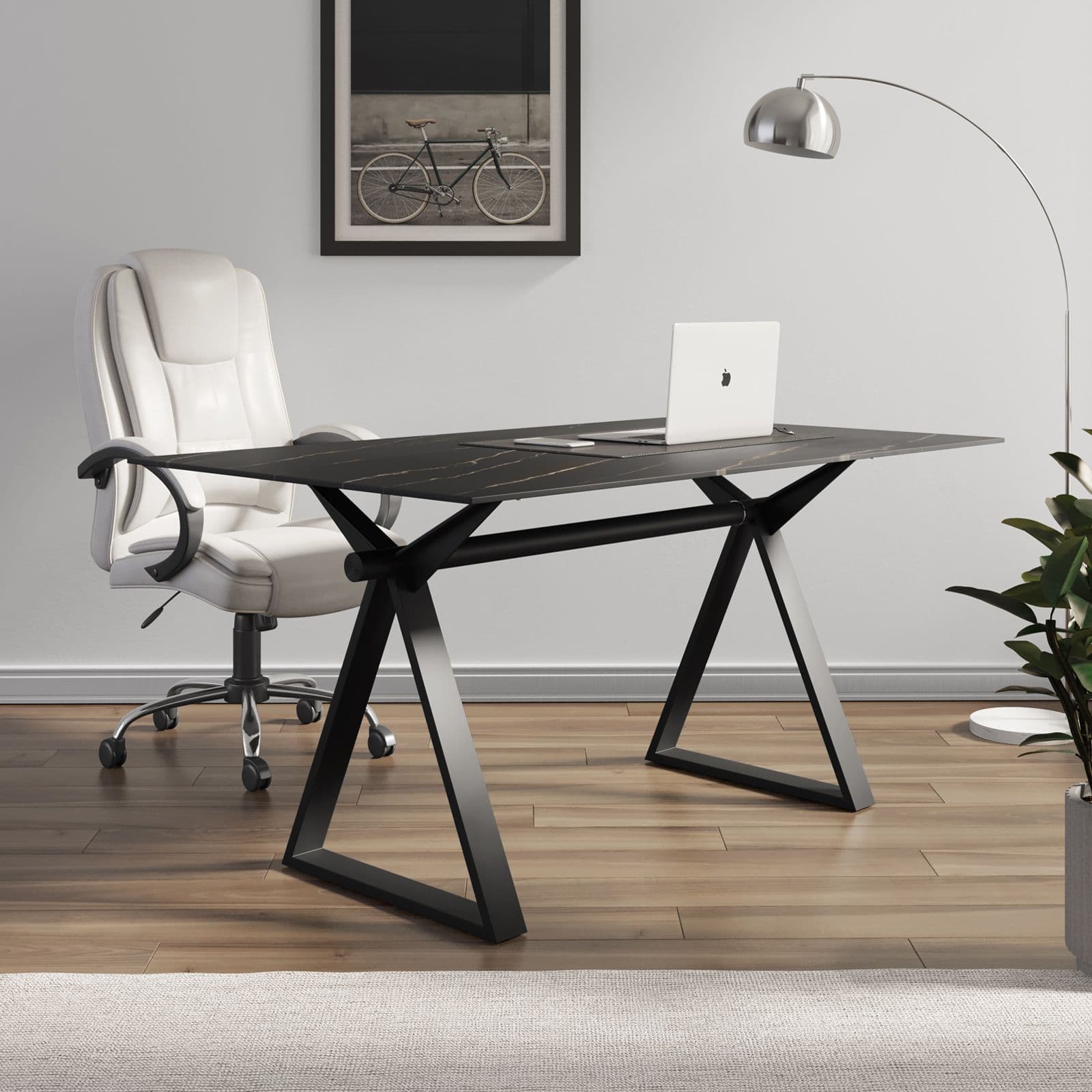 Scrivania 150x90 cm piano ceramica 12 mm e base in acciaio nero - Masao