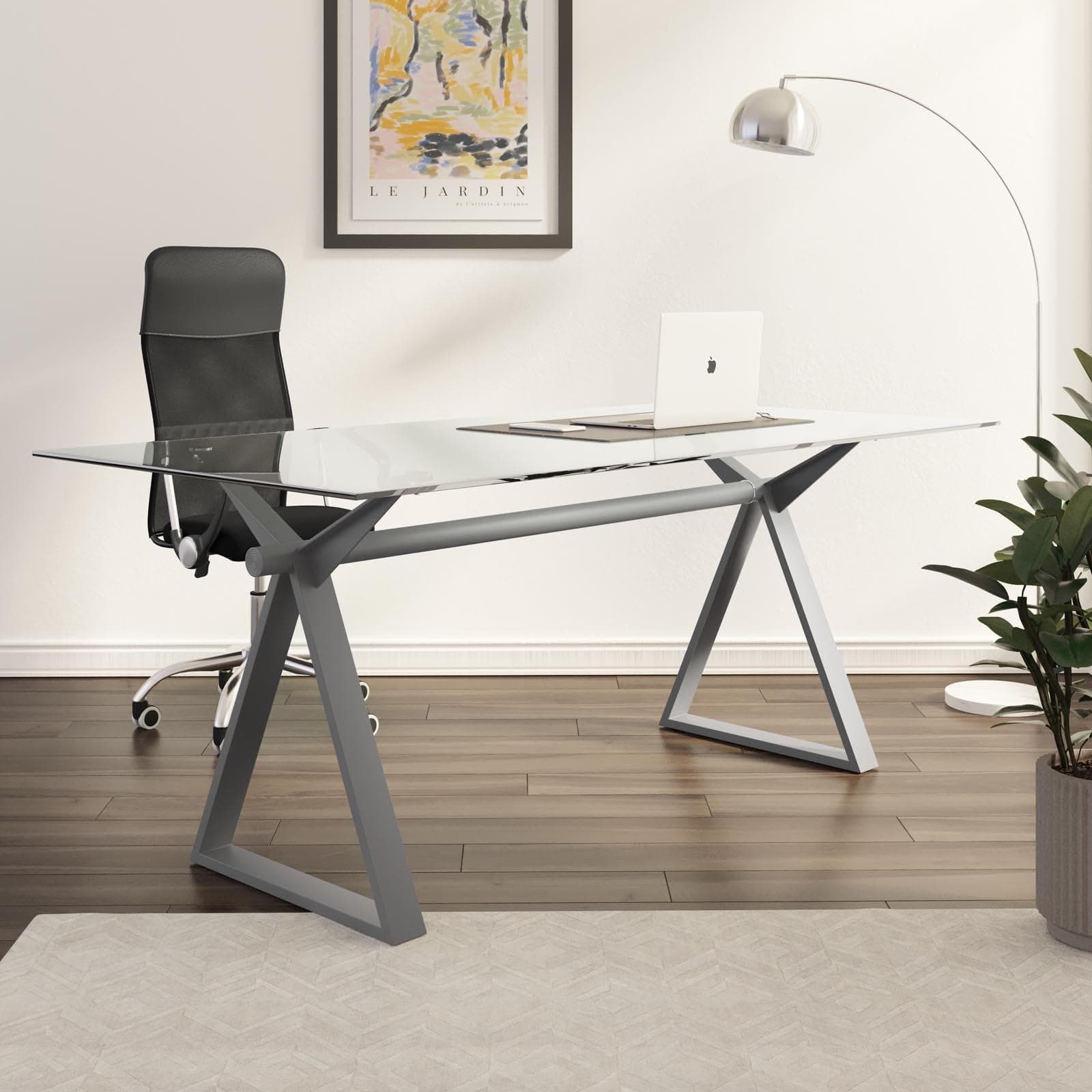 Scrivania 180x90 cm piano vetro temperato 10 mm e base in acciaio grigio - Masao XL