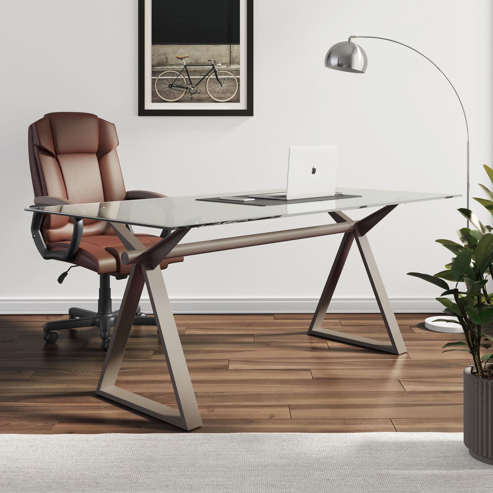 Scrivania 180x90 cm piano vetro temperato 10 mm e base in acciaio tortora - Masao XL