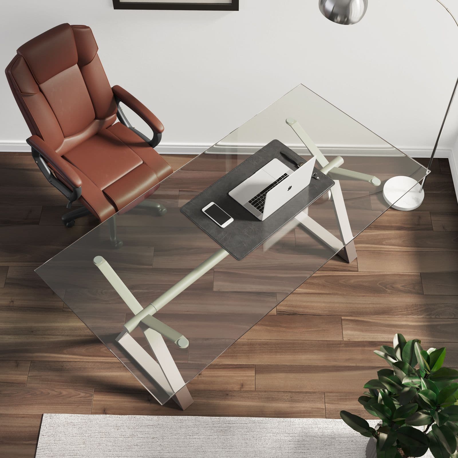 Scrivania 180x90 cm piano vetro temperato 10 mm e base in acciaio tortora - Masao XL