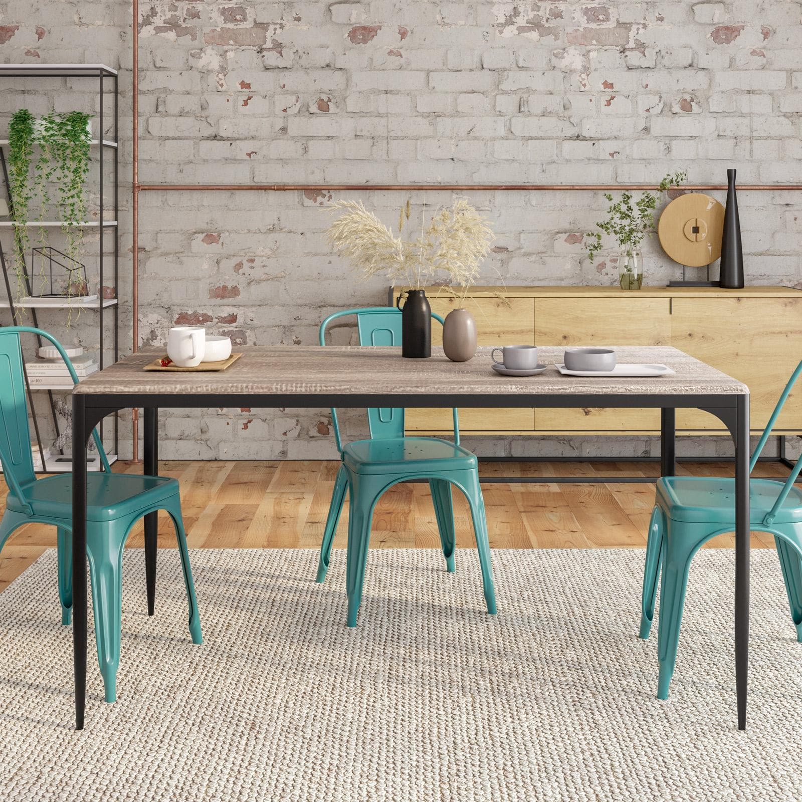 Tavolo stile industrial 150x80 cm top effetto rovere chiaro e struttura in metallo nero - Maxime