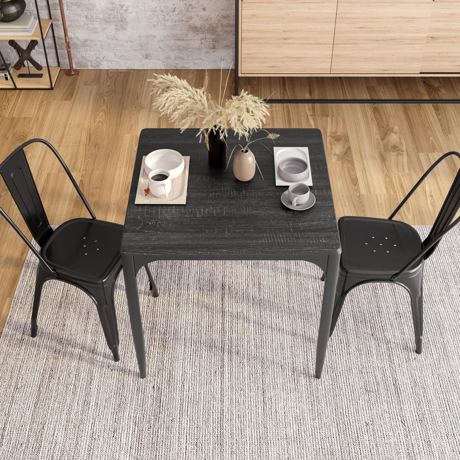 Tavolo stile industrial 80x80 cm top effetto rovere nero e struttura in metallo - Maxime