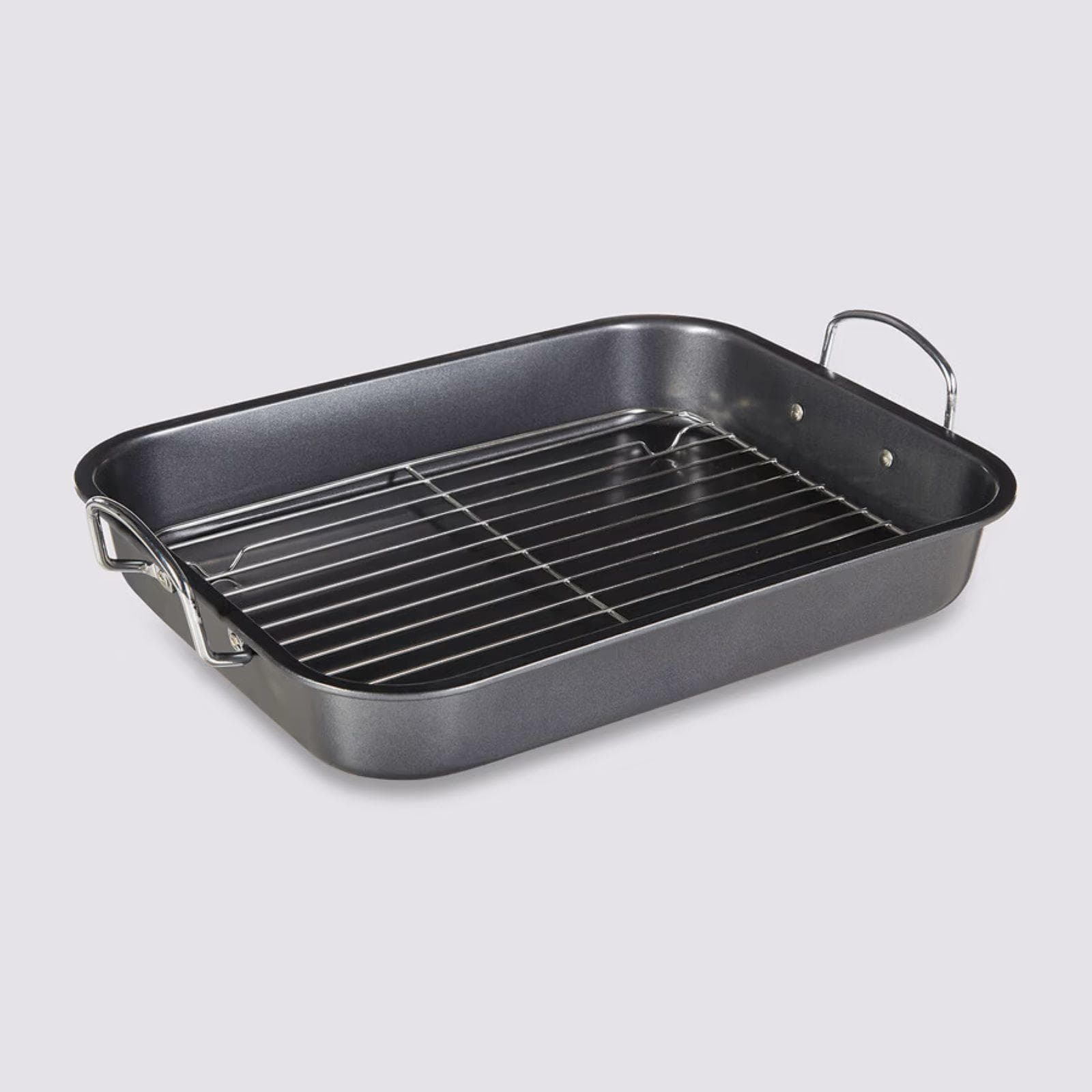 Teglia 42x39 cm per arrosti in acciaio grigio con griglia estraibile e manici