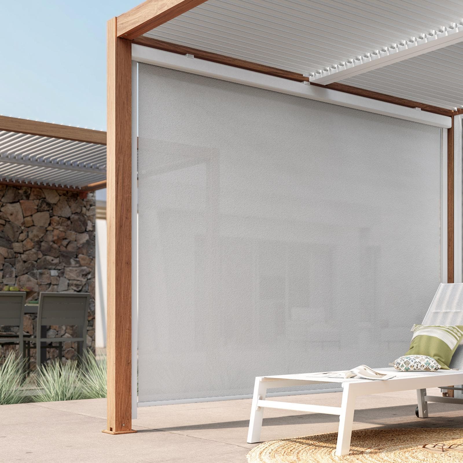 Tenda a caduta bianca lato 4 m per pergola o gazebo bioclimatico effetto legno - Enea Wood