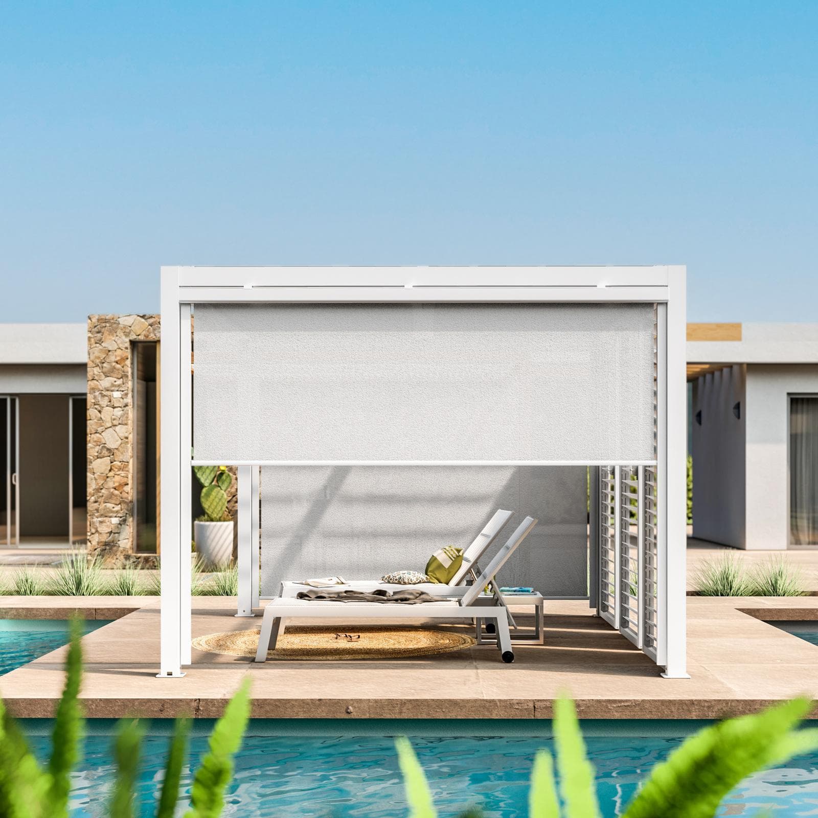 Tenda a caduta bianca lato 4 m per pergola o gazebo bioclimatico effetto legno - Enea Wood