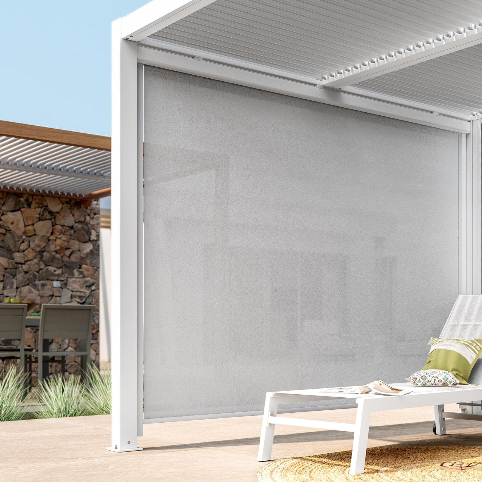 Tenda a caduta bianca lato 4 m per pergola o gazebo bioclimatico effetto legno - Enea Wood
