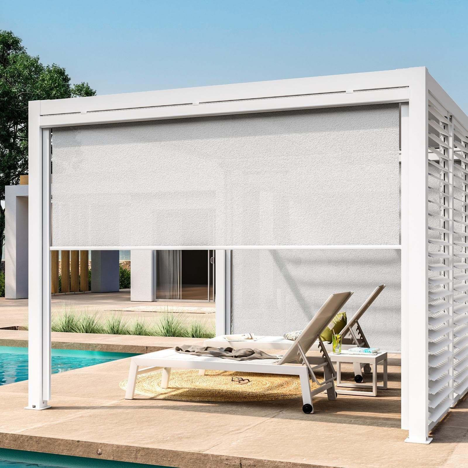 Tenda a caduta bianca lato 4 m per pergola o gazebo bioclimatico effetto legno - Enea Wood