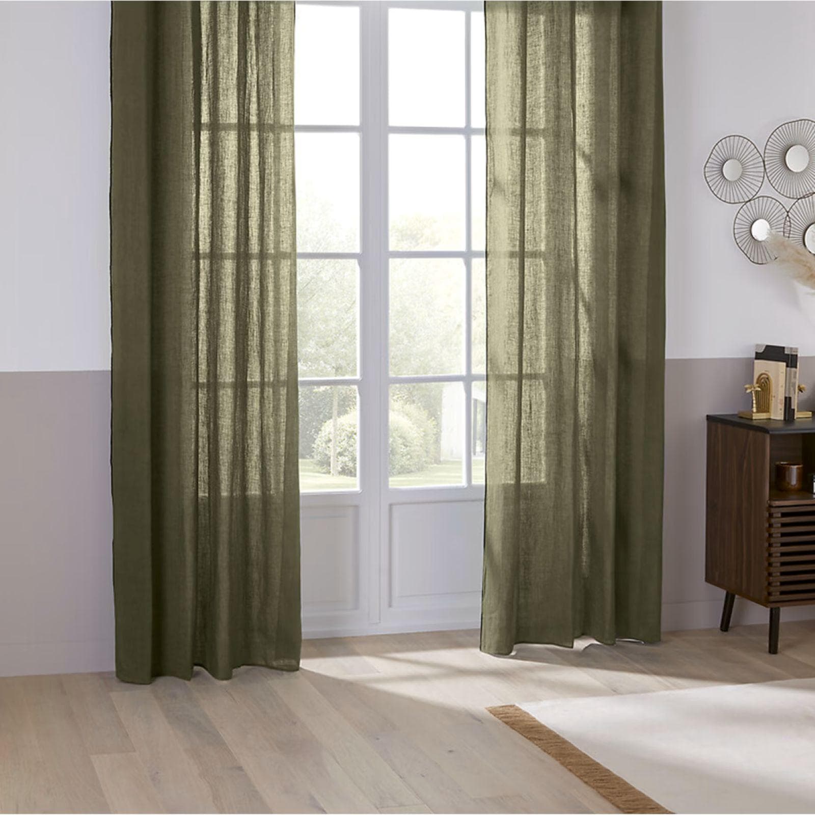 Tenda semi filtrante 130x260h cm in lino naturale verde scuro - Elira
