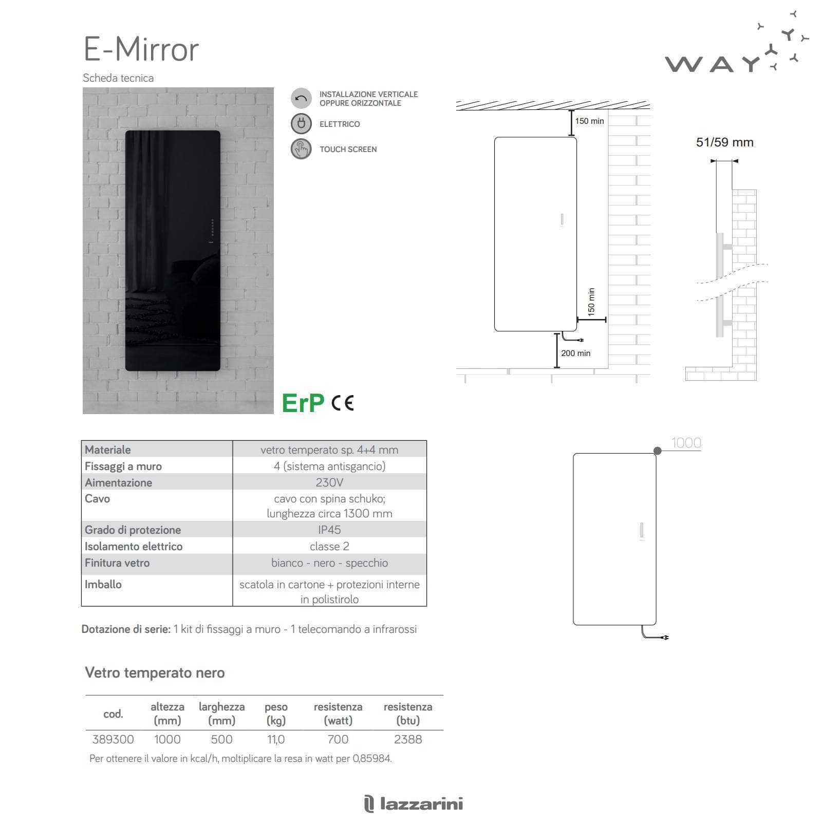 Termoarredo 1000x500 mm vetro temperato nero e modalità risparmio energetico - E-Mirror di Lazzarini