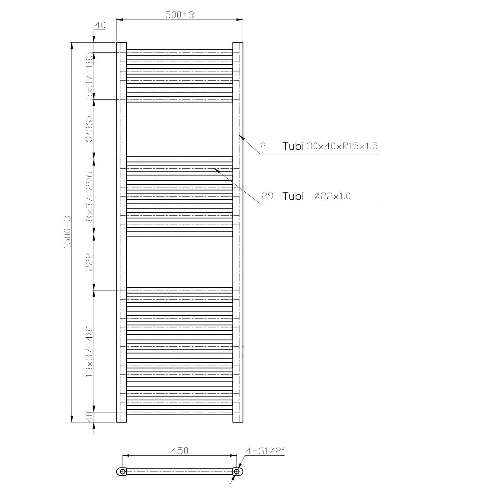 Termoarredo scaldasalviette 1500x500 cromato interasse 450 mm - Alpina