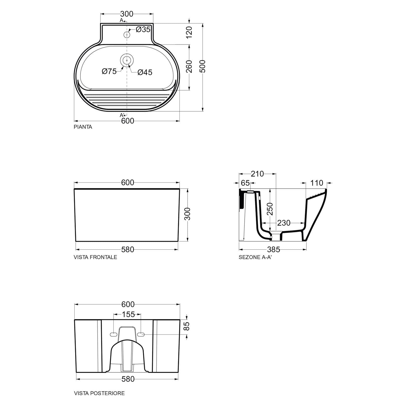 Tino Colavene lavabo/lavello monoforo per bagno lavanderia sospeso o appoggio 60x50 cm