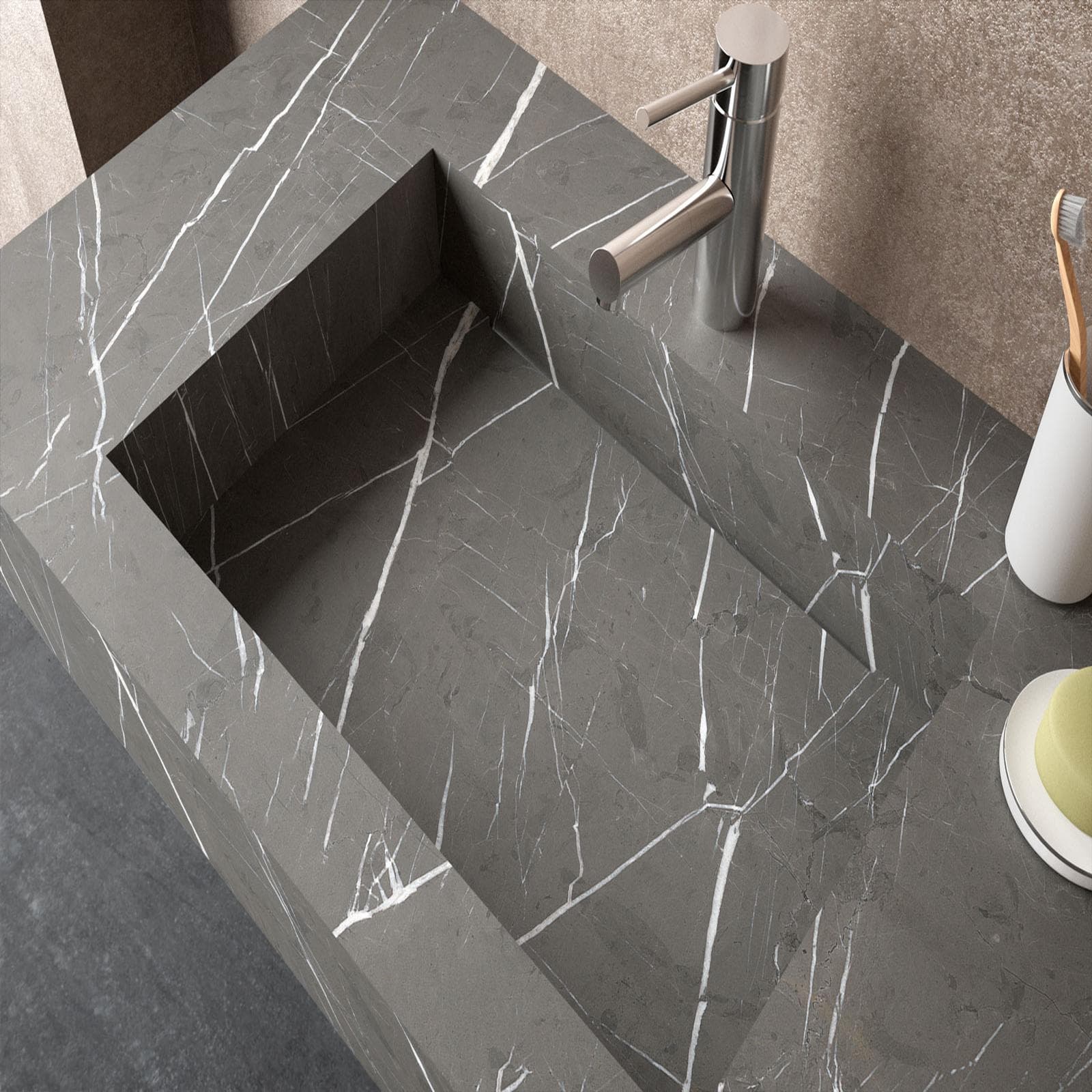 Top in HPL con lavabo integrato 100cm vasca a destra pietra grigio fiordo - Jalama